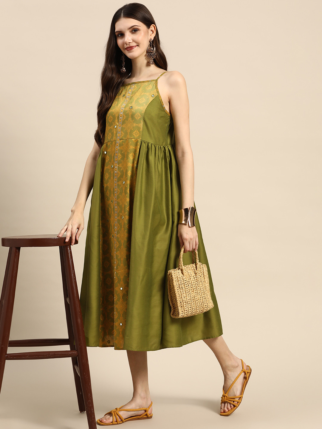 

Sangria Olive Green & Yellow Ethnic Motifs Midi Dress