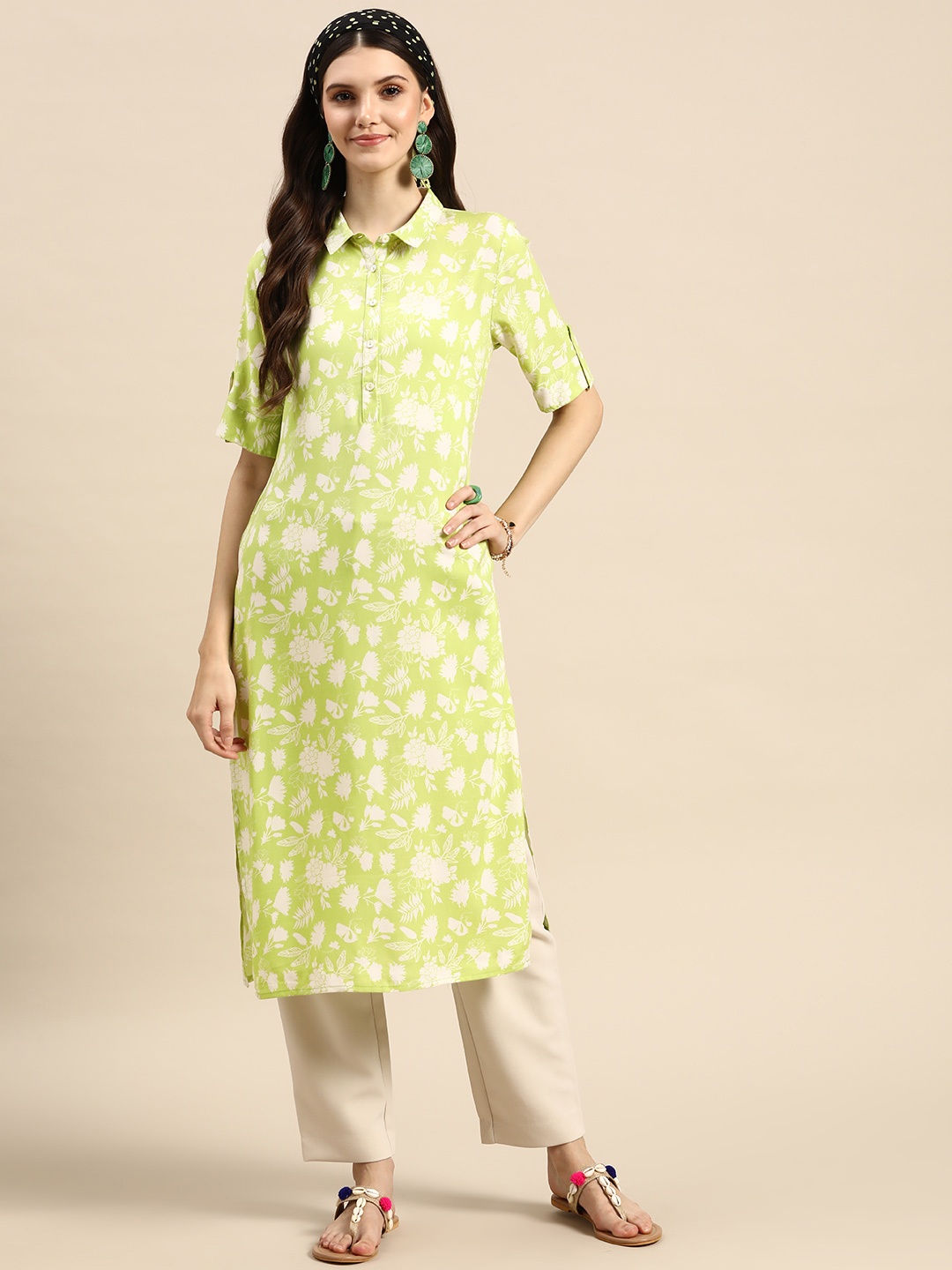 

Sangria Women Green & White Floral Printed Floral Kurta