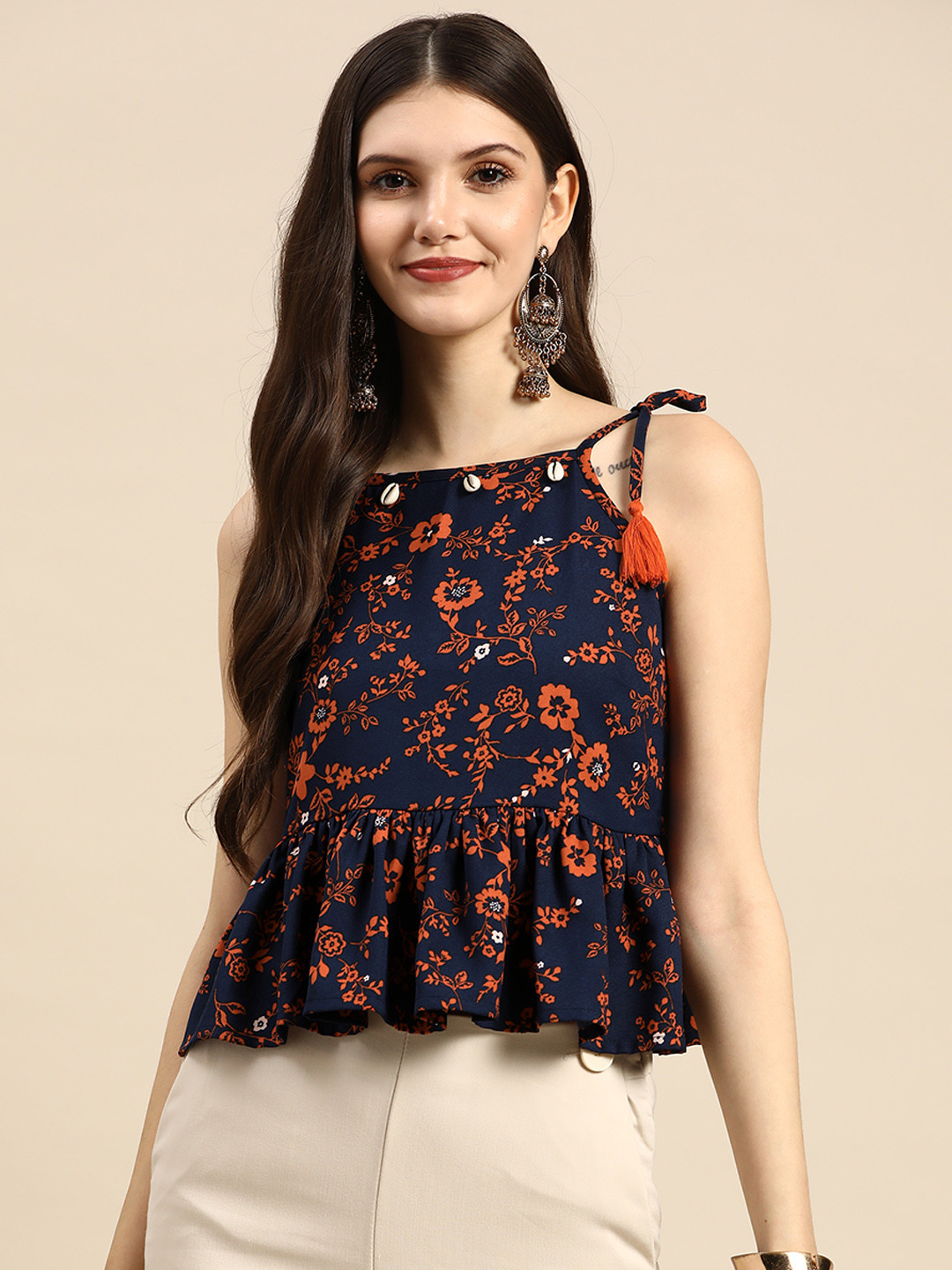 

Sangria Navy Blue & Orange Floral Print Peplum Top