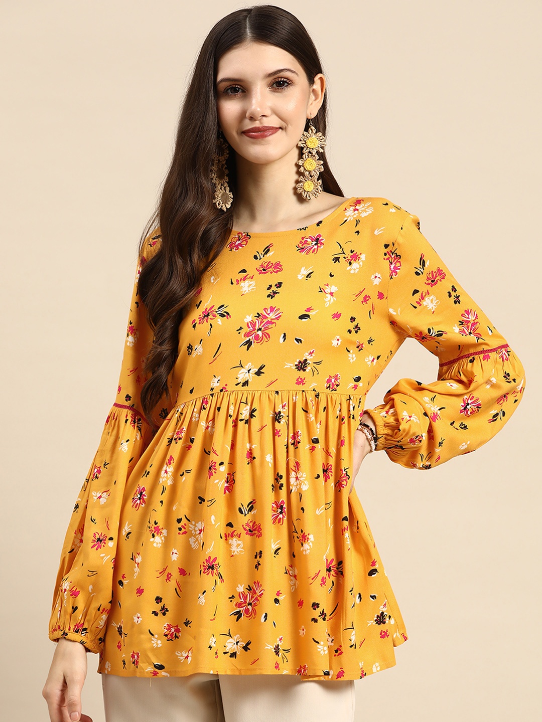 

Sangria Yellow & Pink Floral Print Cinched Waist Top