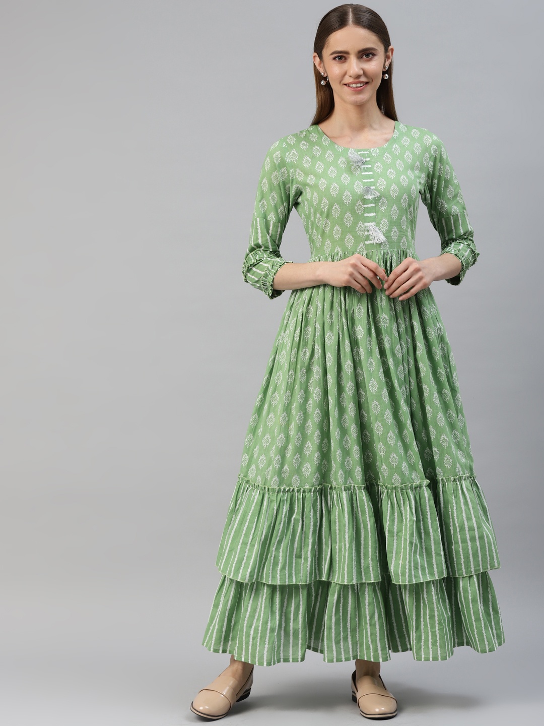 

kipek Green Cotton Ethnic Motifs Print Tiered Maxi Dress