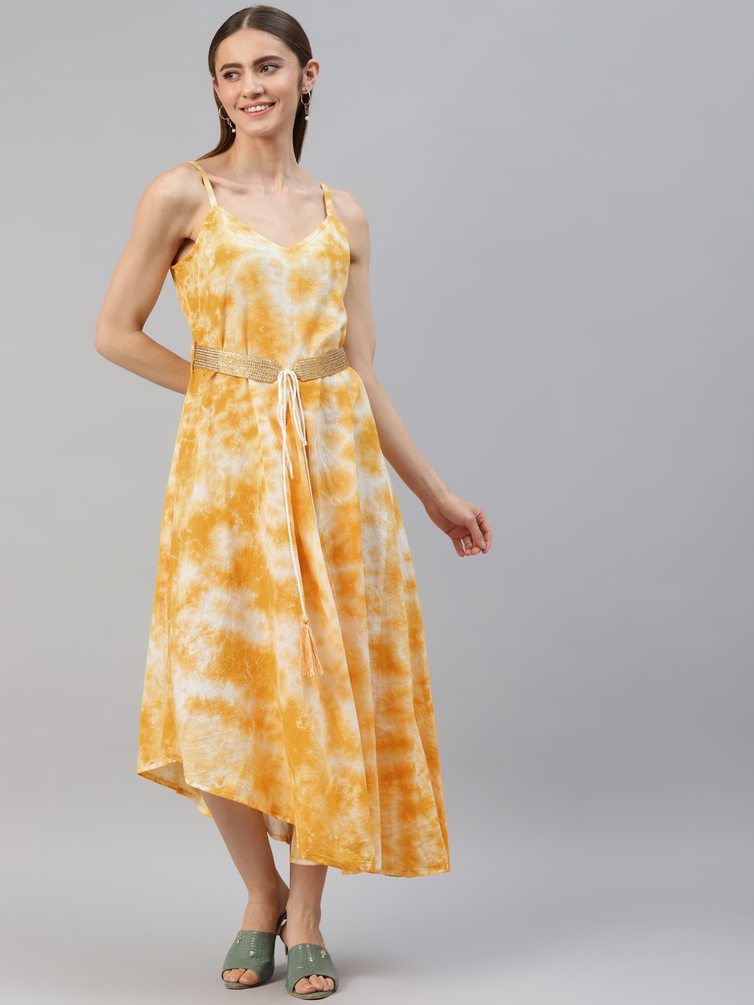 

kipek Yellow Dyed A-Line Maxi Dress with Belt