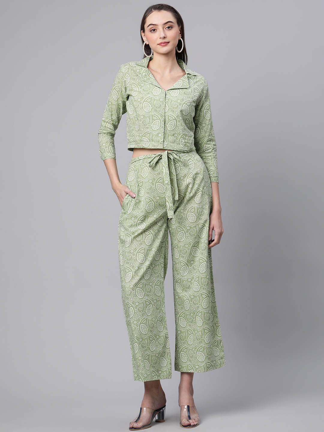 

kipek Women Green Printed Cotton Shirt with Trousers