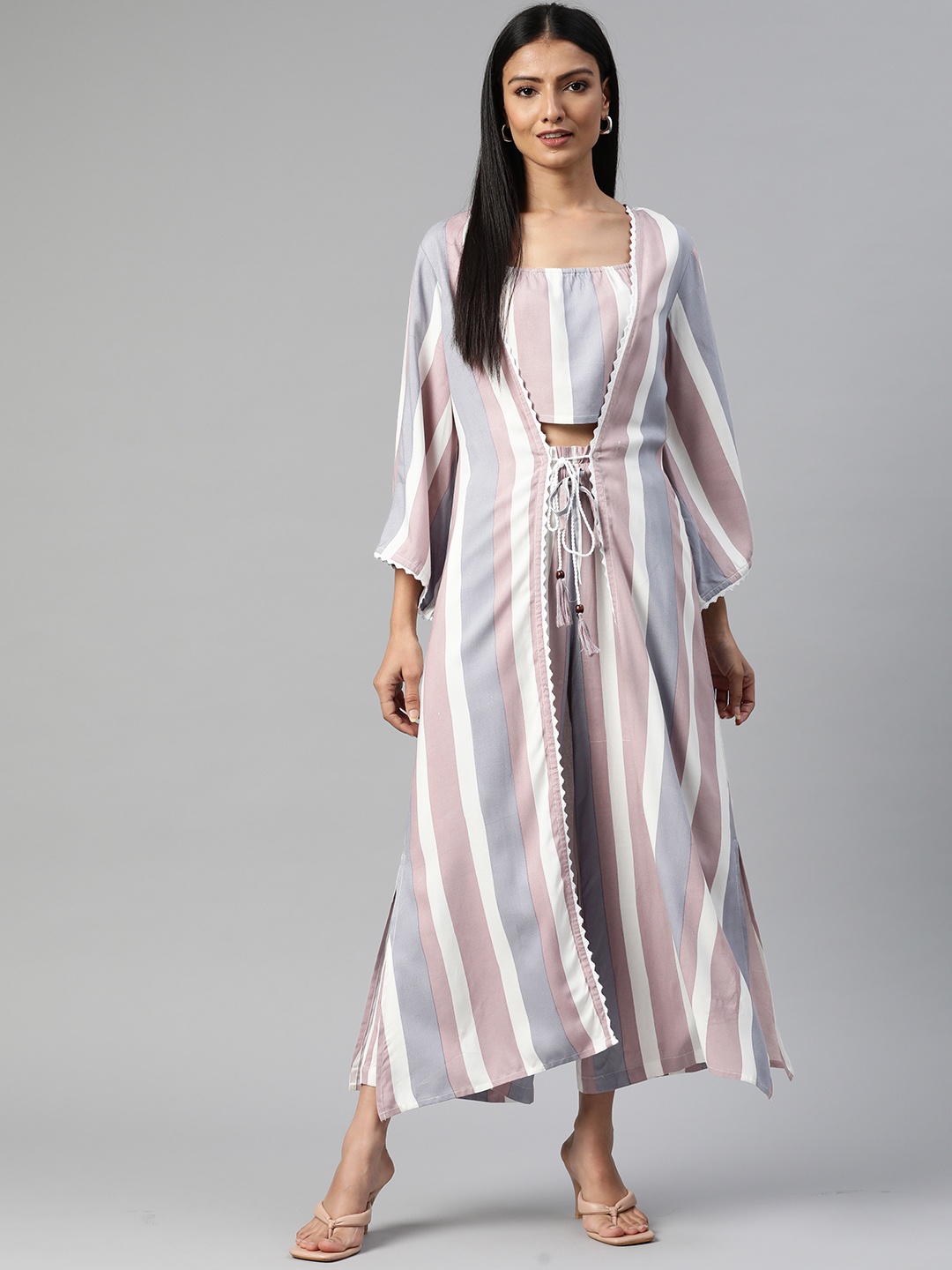 

kipek Women Pink Printed Top with Trousers Comes With a Long Open-Front Jacket