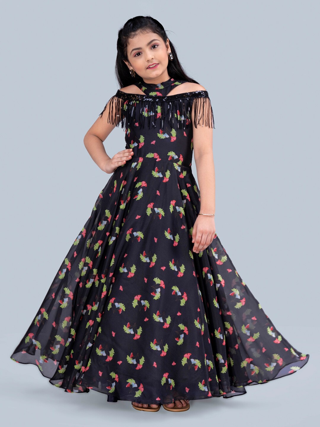 

FASHION DREAM Girls Black Floral Fit & Flared Maxi Dress