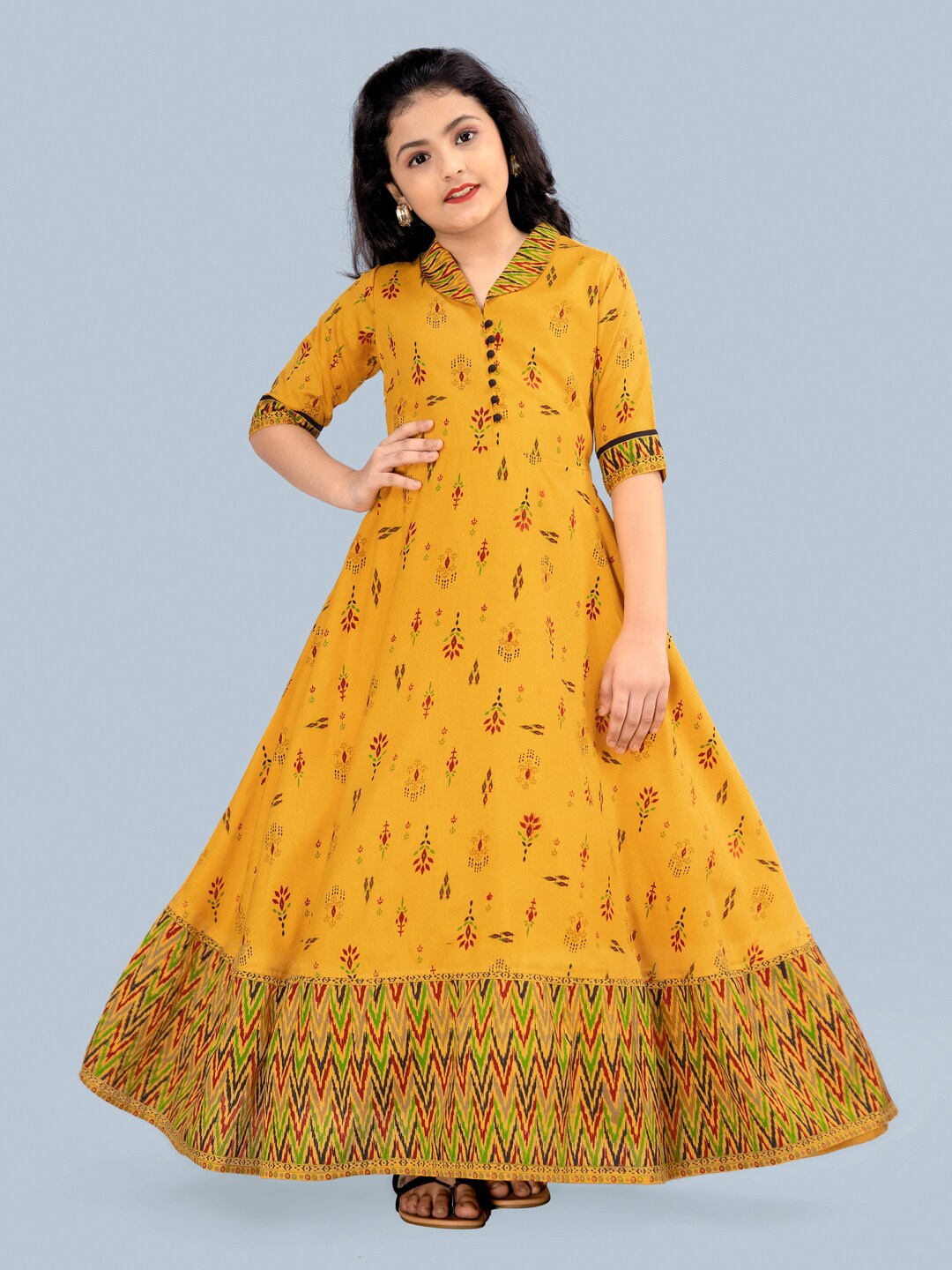 

FASHION DREAM Yellow Ethnic Motifs Crepe Ethnic Maxi Dress