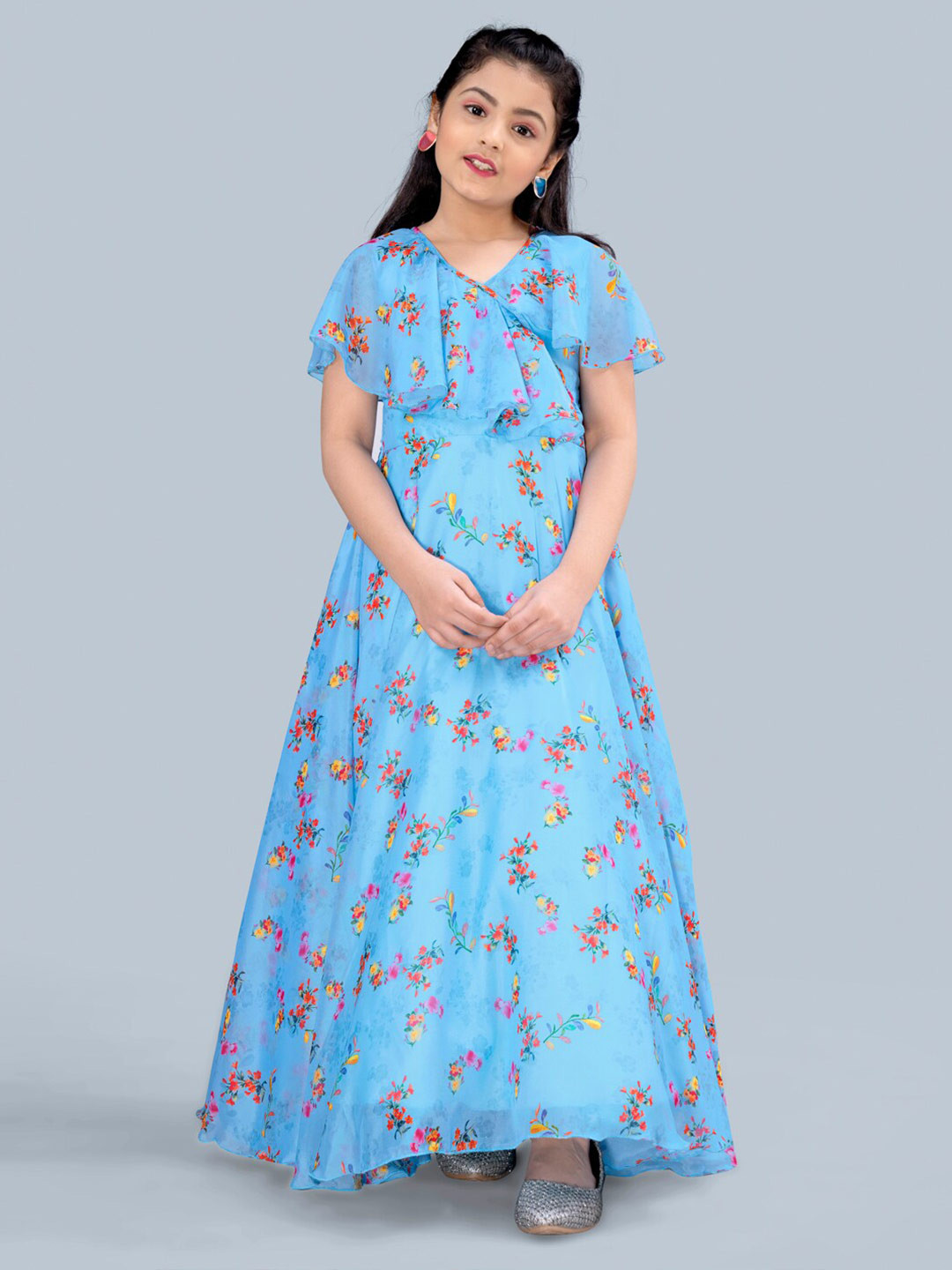 

FASHION DREAM Blue Floral Ruffle Maxi Ethnic Dress