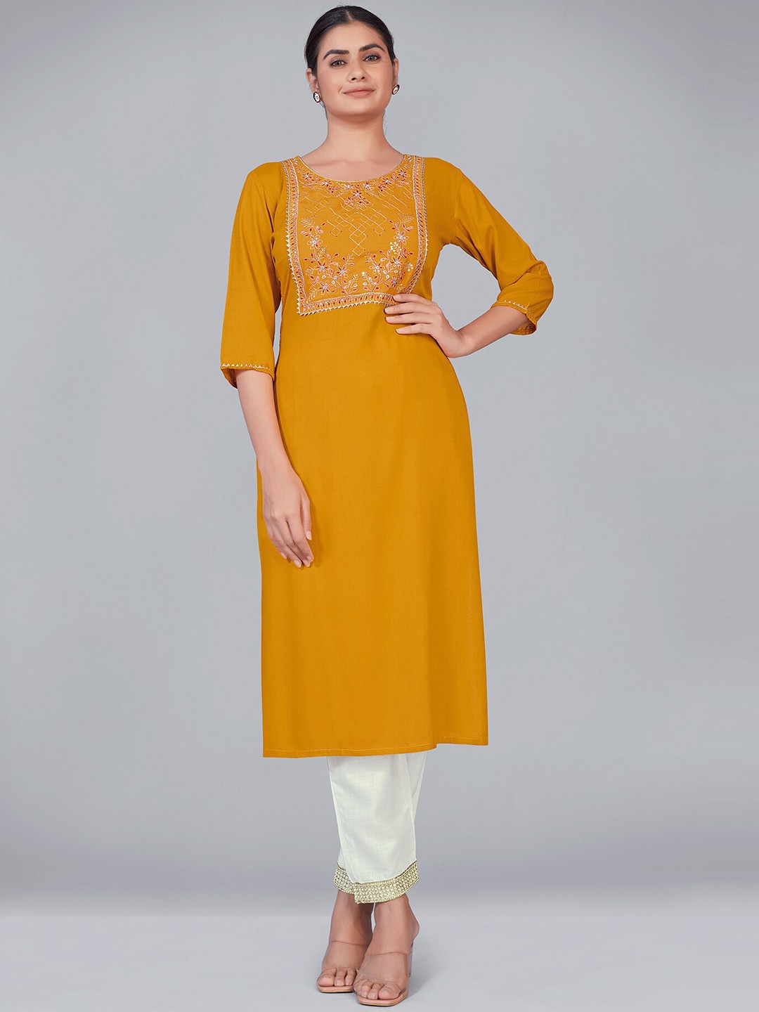 

MONJOLIKA FASHION Women Mustard Yellow Yoke Design Kurta with Trousers