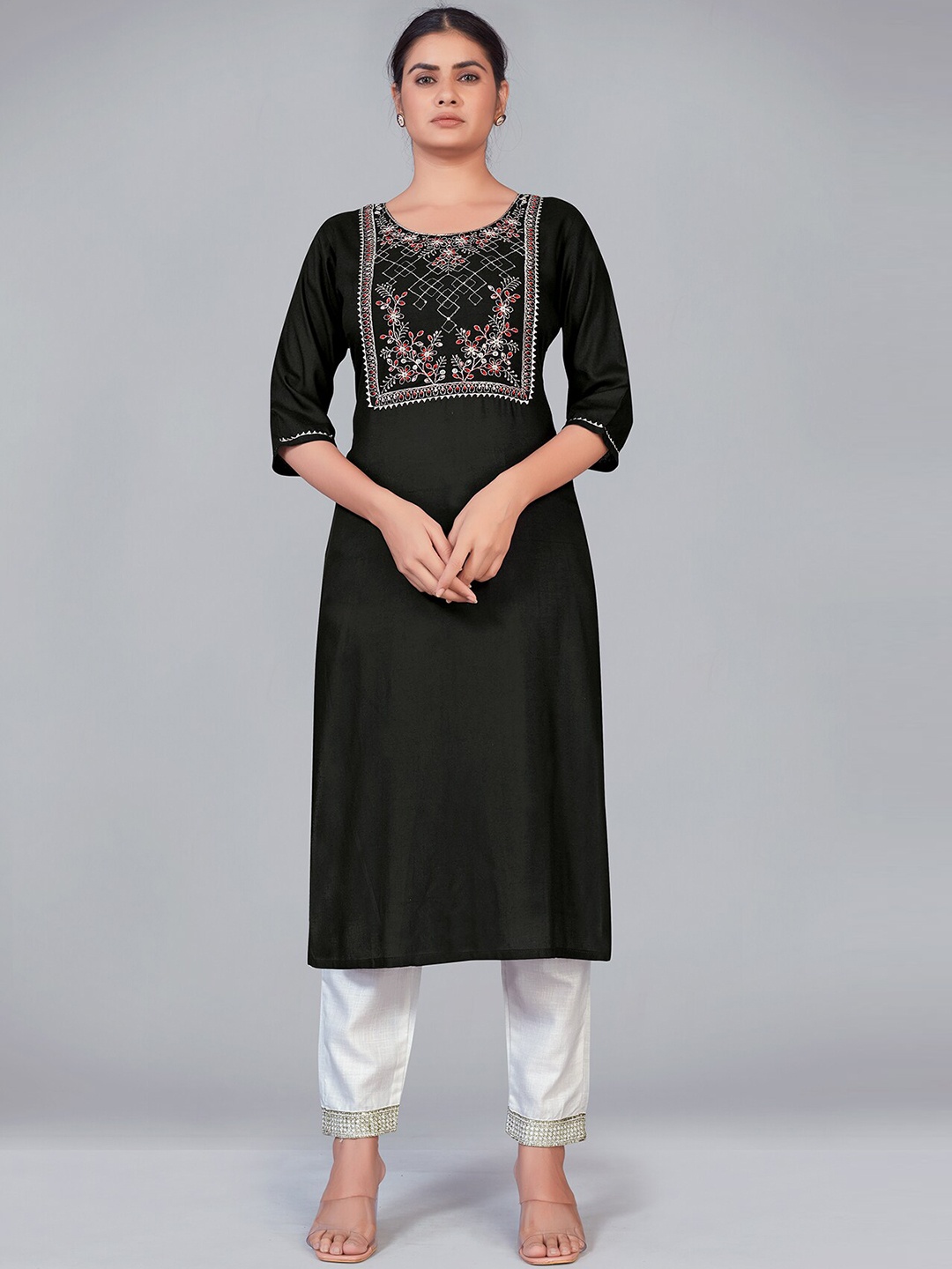 

MONJOLIKA FASHION Women Black Floral Yoke Design Sequinned Kurta with Trousers