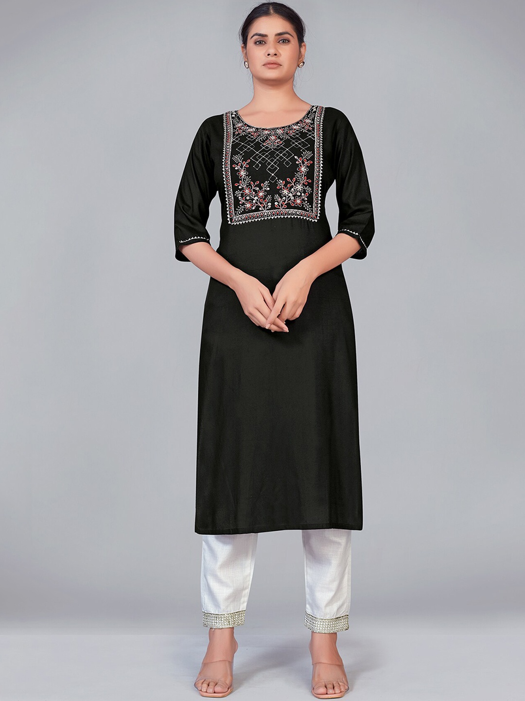 

MONJOLIKA FASHION Women Black Floral Yoke Design Sequinned Kurta with Trousers