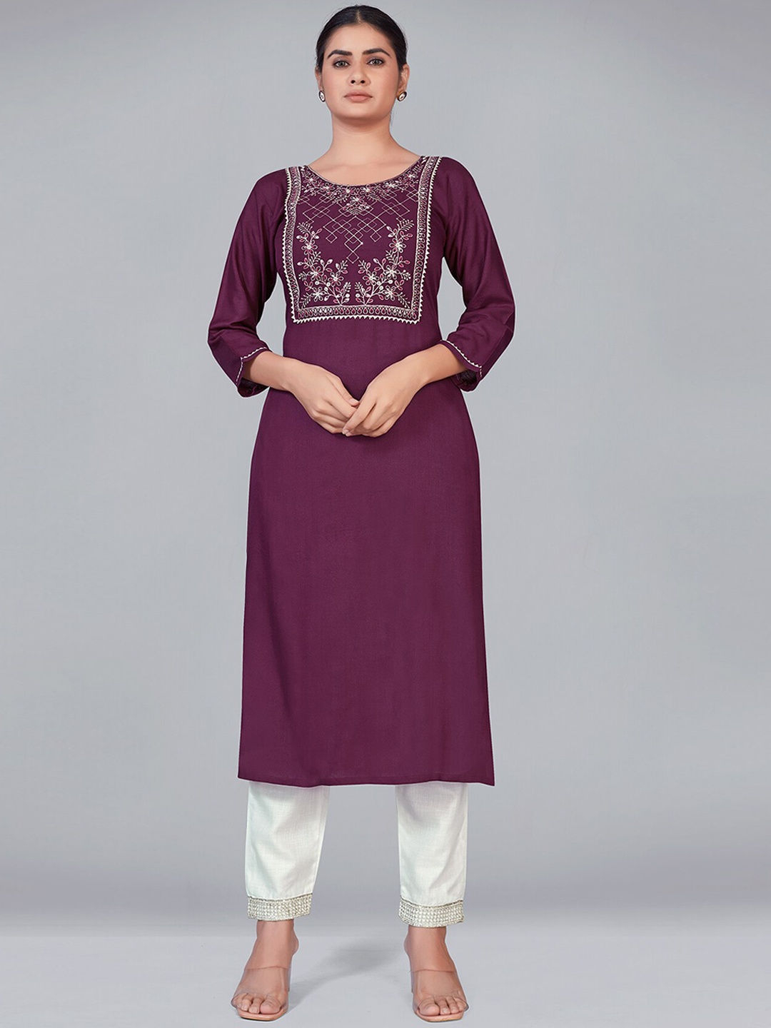 

MONJOLIKA FASHION Women Purple Floral Yoke Design Sequinned Kurta with Trousers