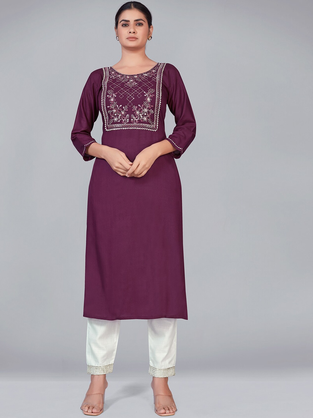 

MONJOLIKA FASHION Women Purple Floral Yoke Design Sequinned Kurta with Trousers