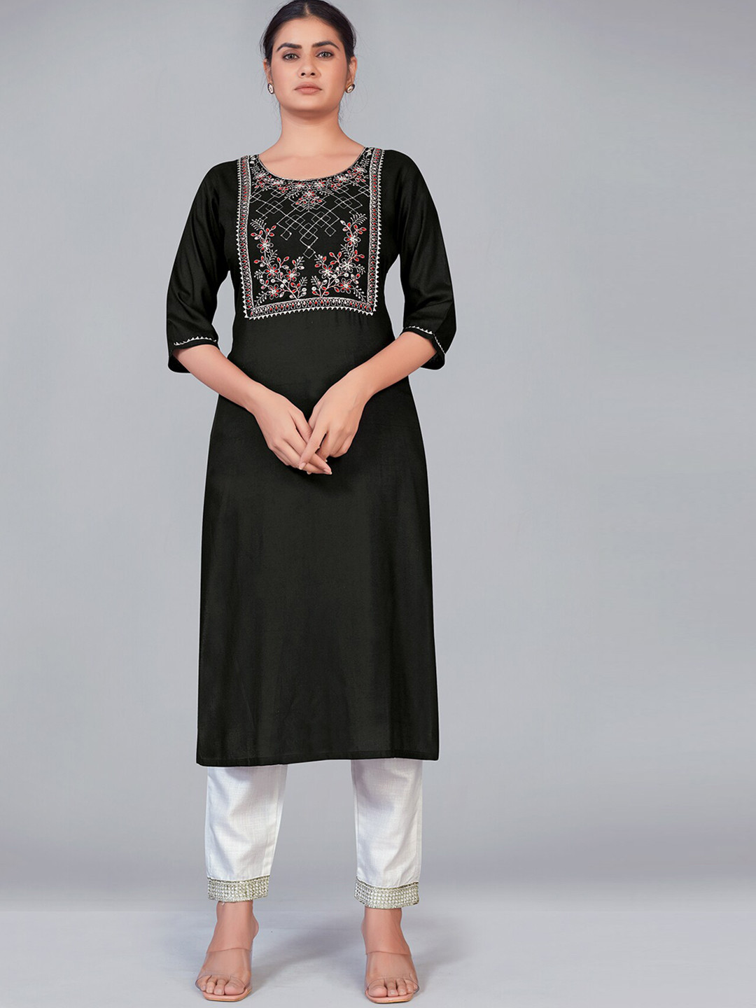 

MONJOLIKA FASHION Women Black Floral Yoke Design Sequinned Kurta with Trousers