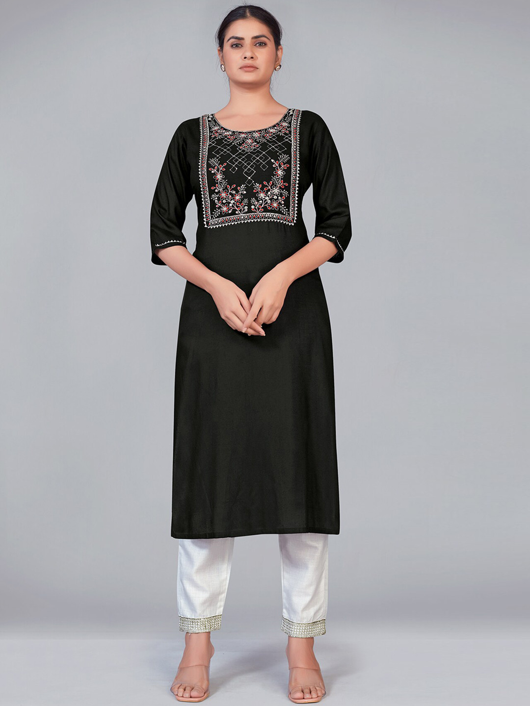 

MONJOLIKA FASHION Women Black Floral Yoke Design Sequinned Kurta with Trousers