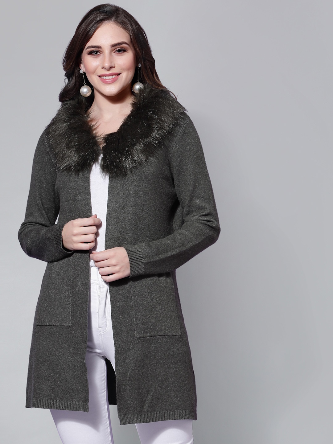 

Mafadeny Women Grey Longline Shrug