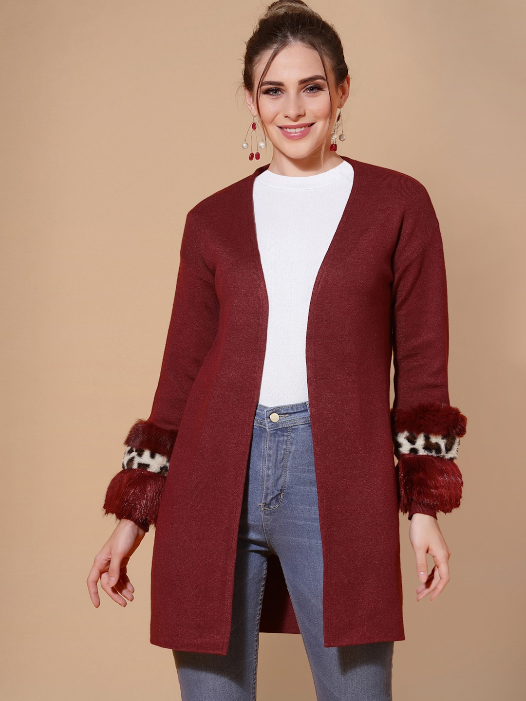 

Mafadeny Women Maroon & Beige Party Longline Shrug