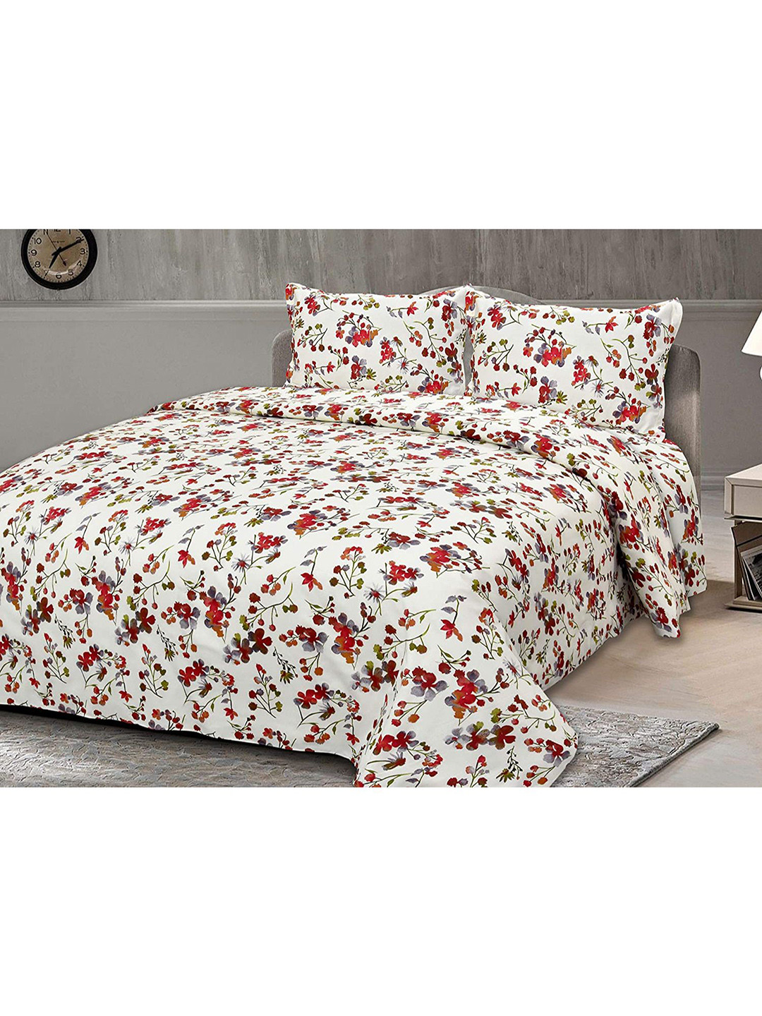 

haus & kinder White & Red Floral 186 TC King Bedsheet with 2 Pillow Covers