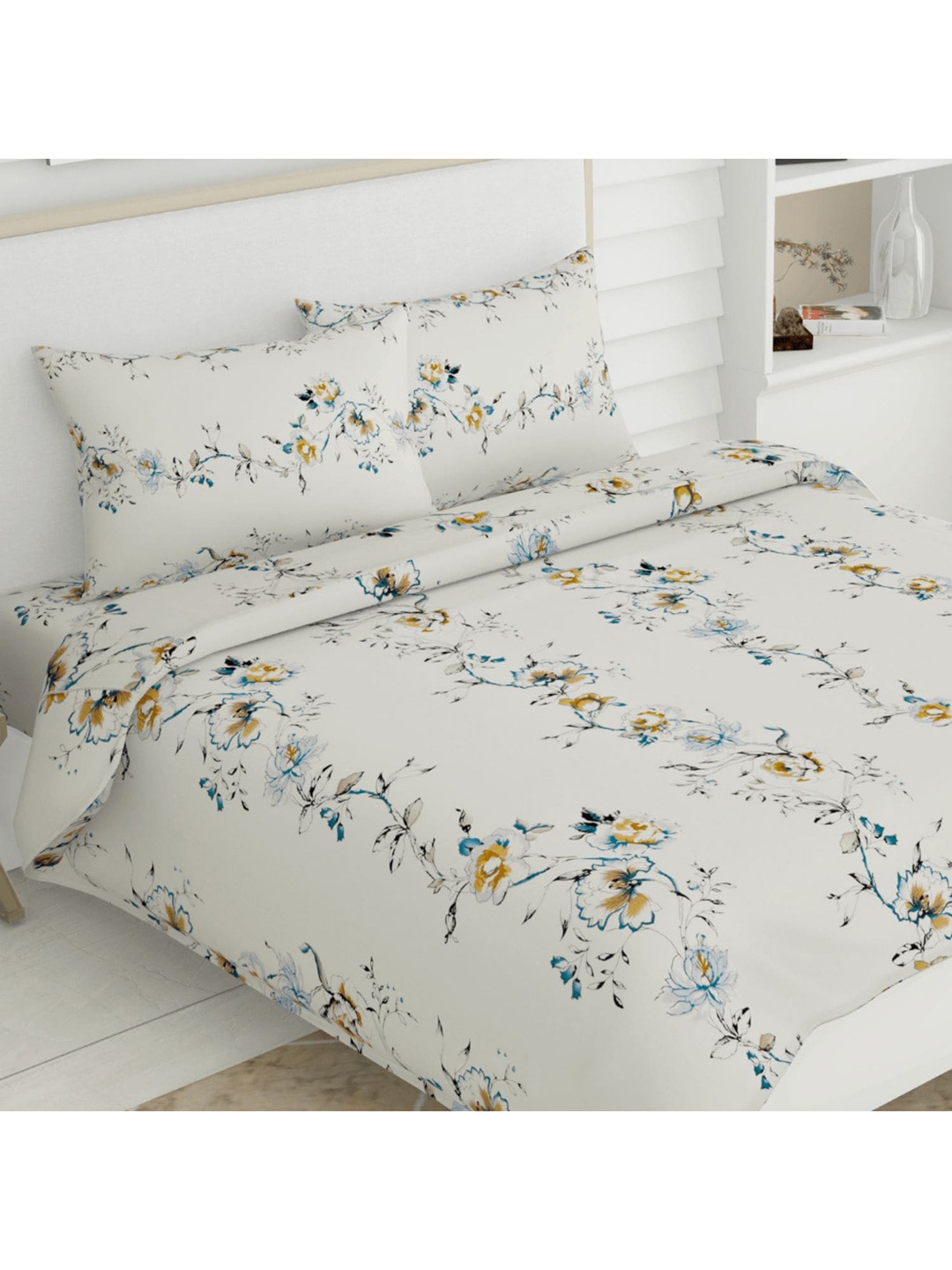 

haus & kinder Blue & Brown Floral 186 TC Queen Bedsheet with 2 Pillow Covers