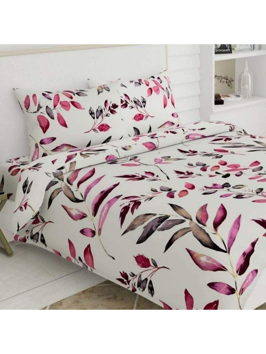 

haus & kinder Cream-Coloured & Pink Floral 186 TC Queen Bedsheet with 2 Pillow Covers