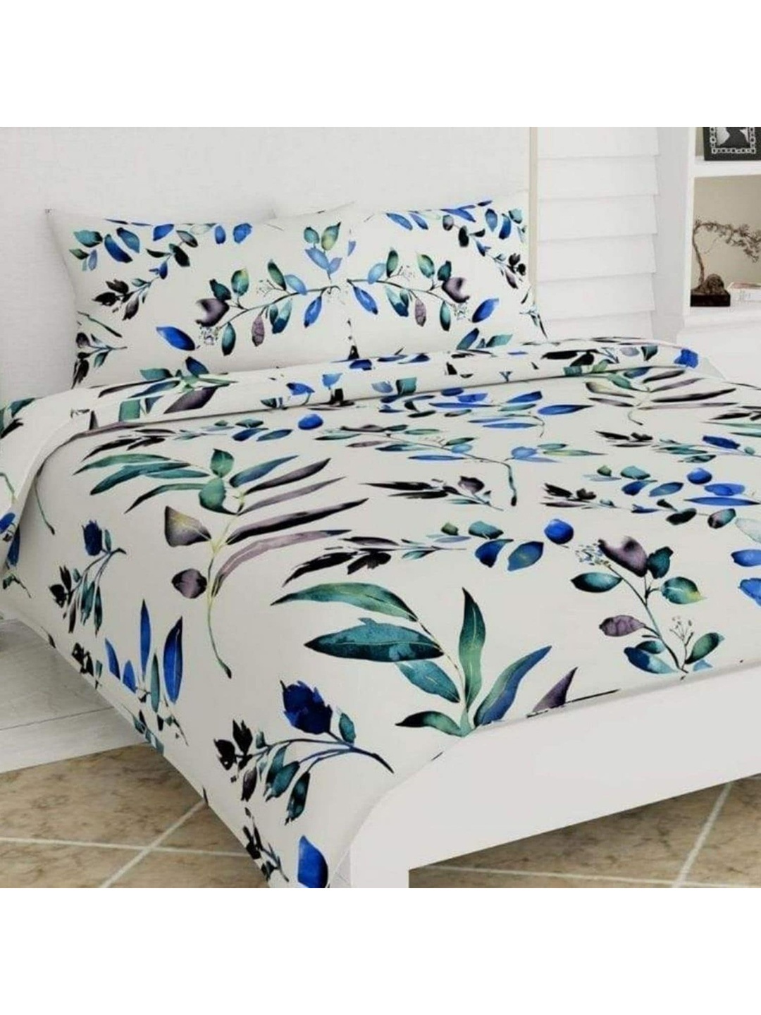 

haus & kinder Cream-Coloured & Blue Floral 186 TC King Bedsheet with 2 Pillow Covers