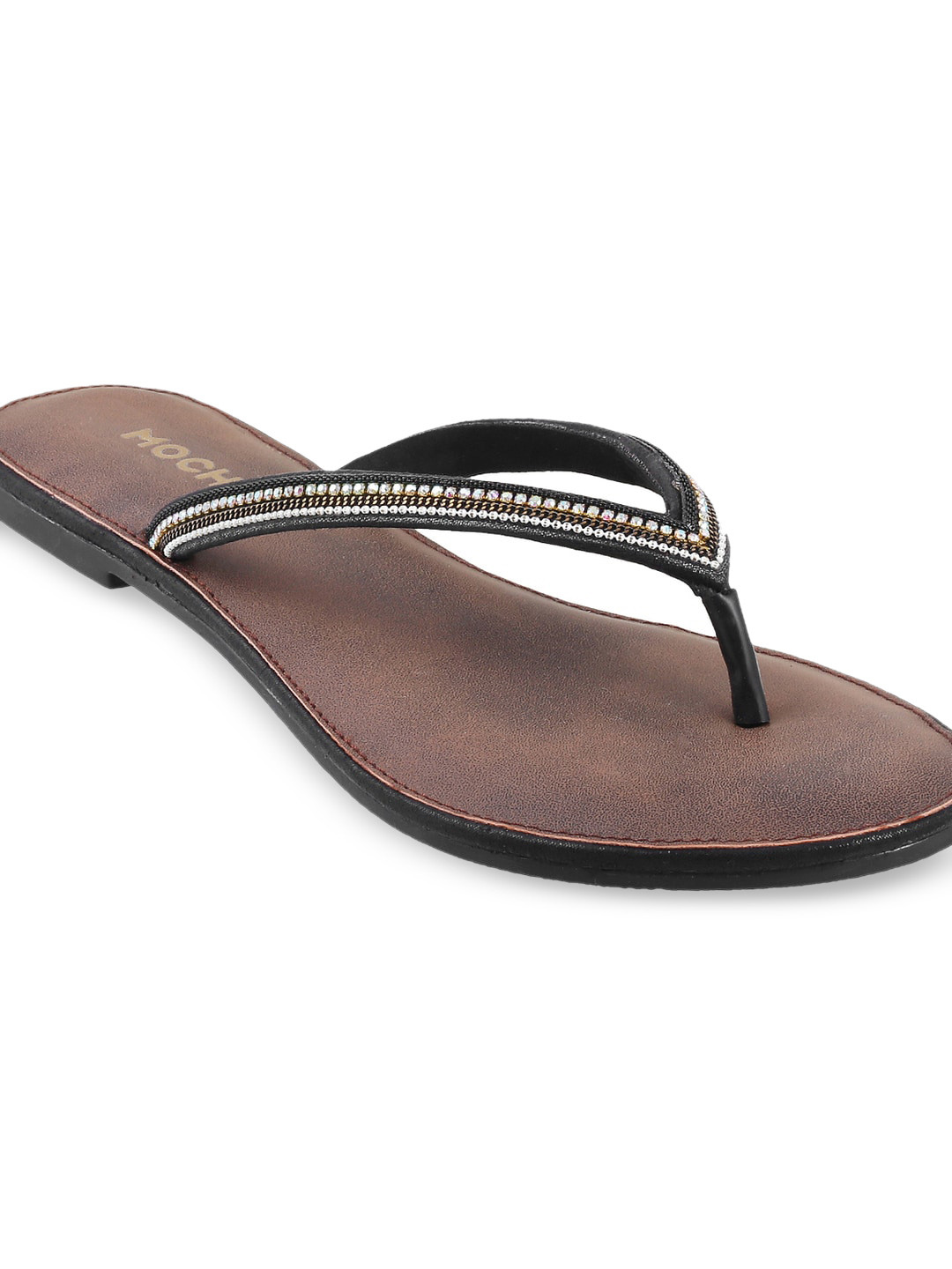 

Mochi Women Black & Brown Embellished T-Strap Flats