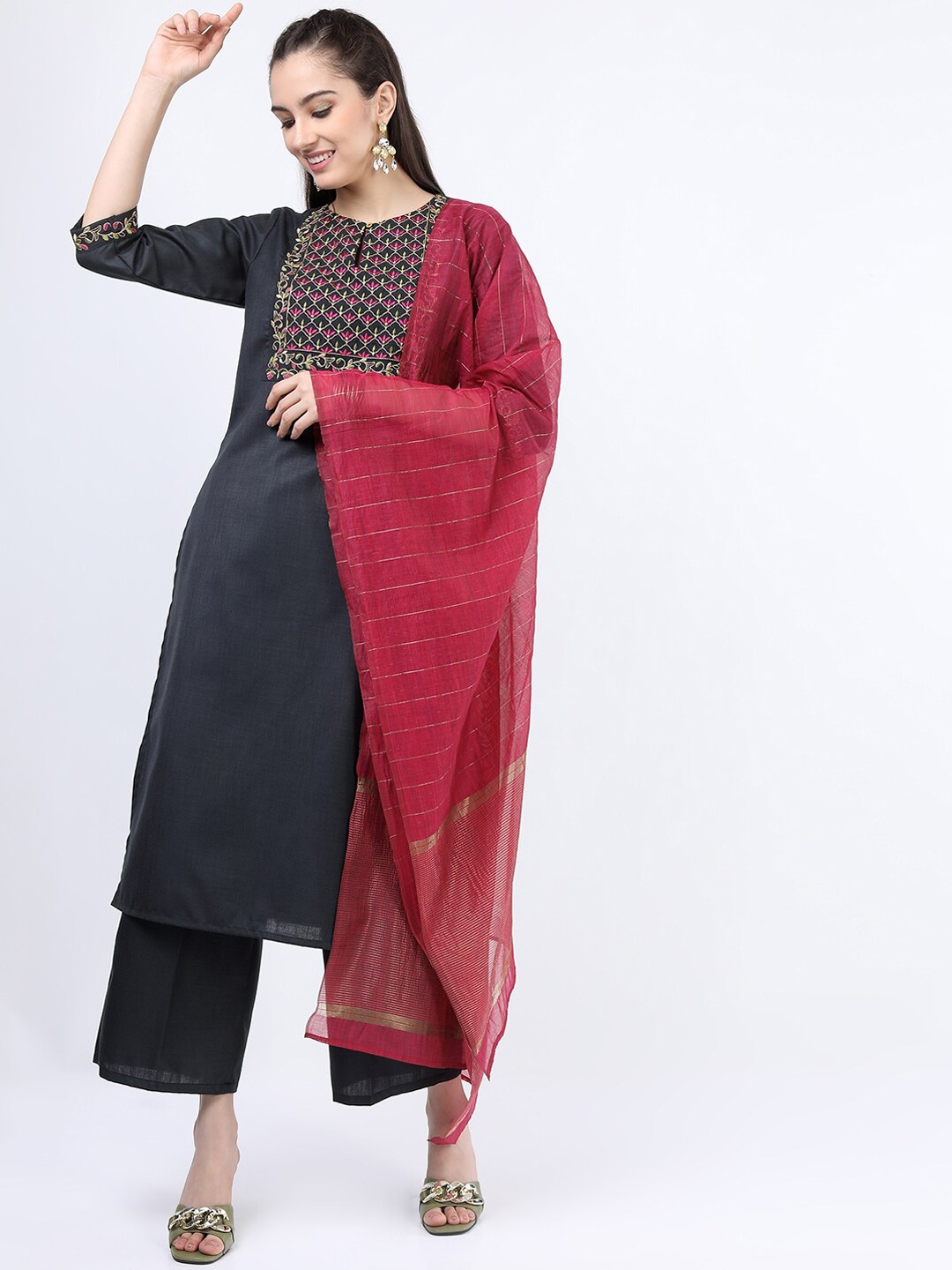 

Vishudh Women Charcoal Yoke Design Kurta with Palazzos & With Dupatta