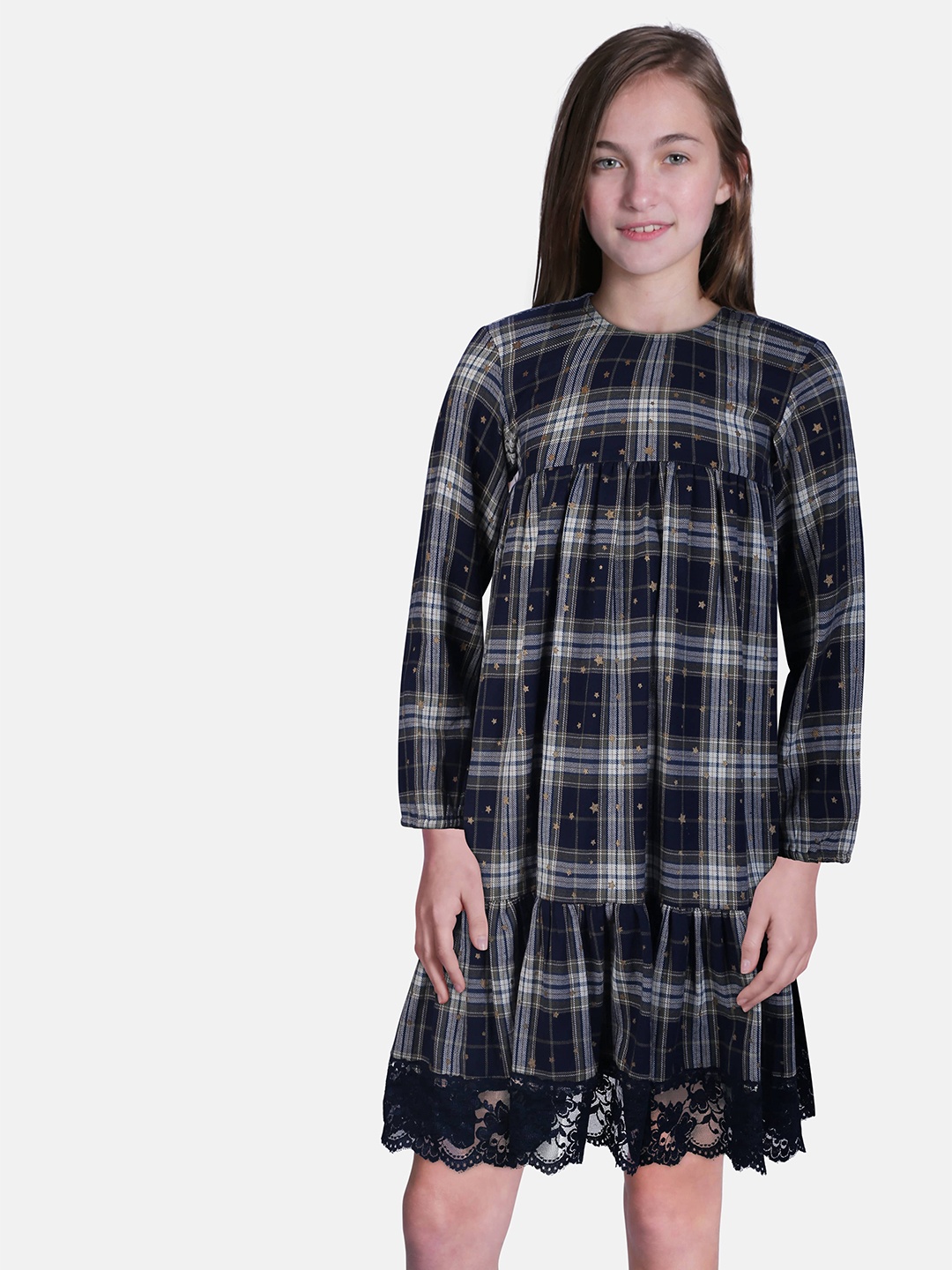 

Gini and Jony Girls Navy Blue & White Checked Drop-Waist Dress