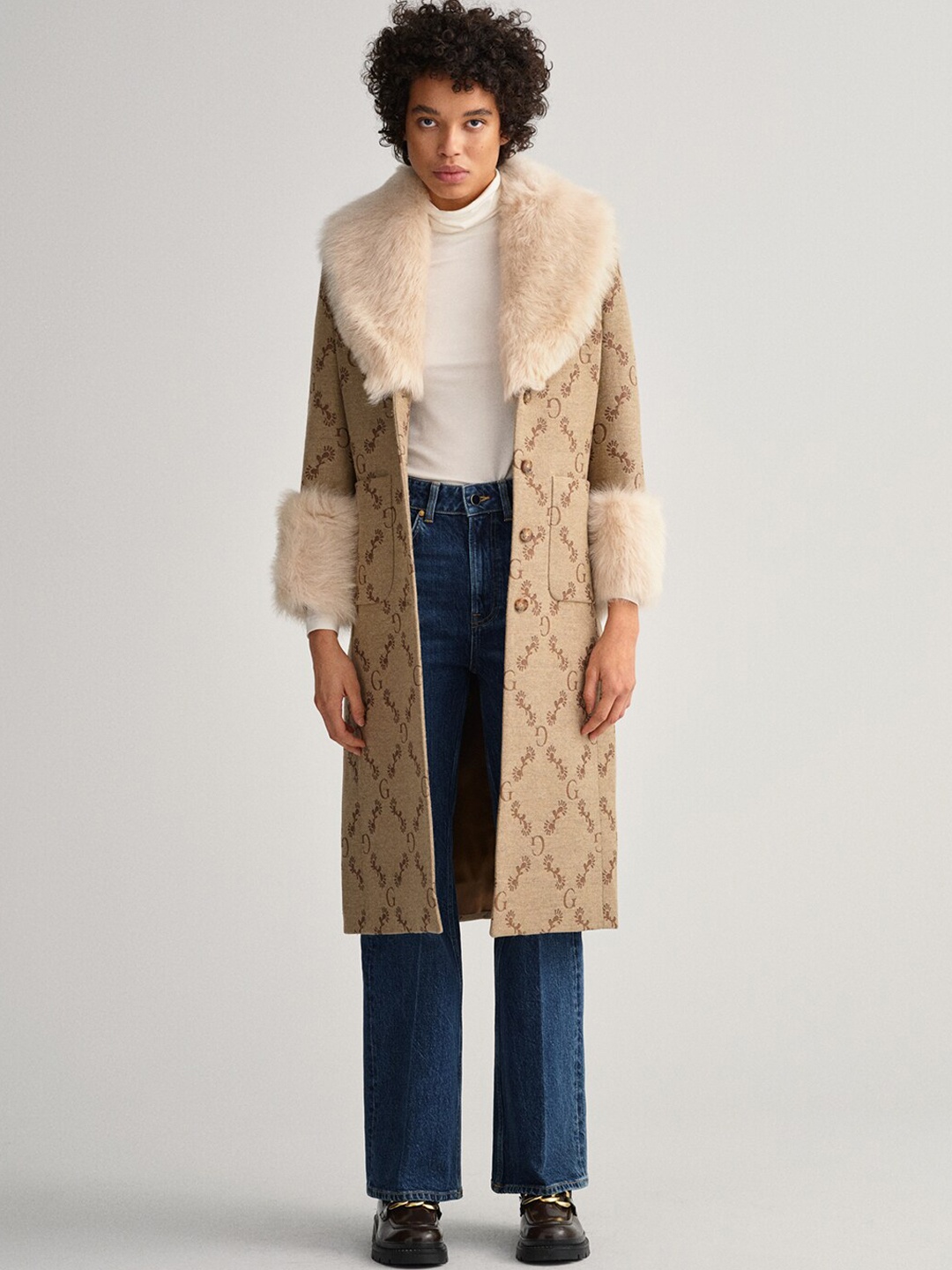 

GANT Women Beige Self Design Wool Overcoat