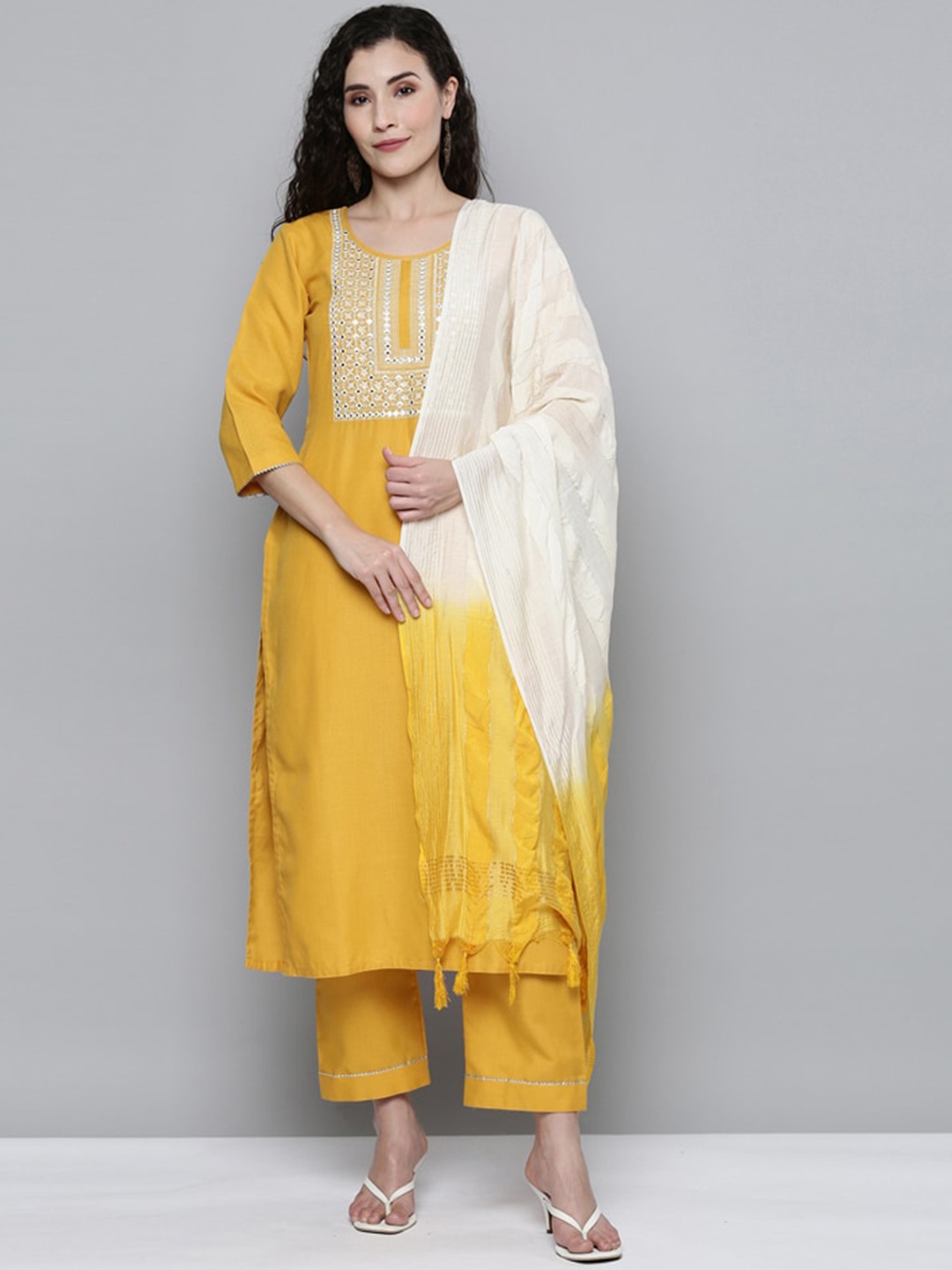 Kvsfab Women Yellow Striped Panelled Mirror Work Kurti with Trousers & With Dupatta