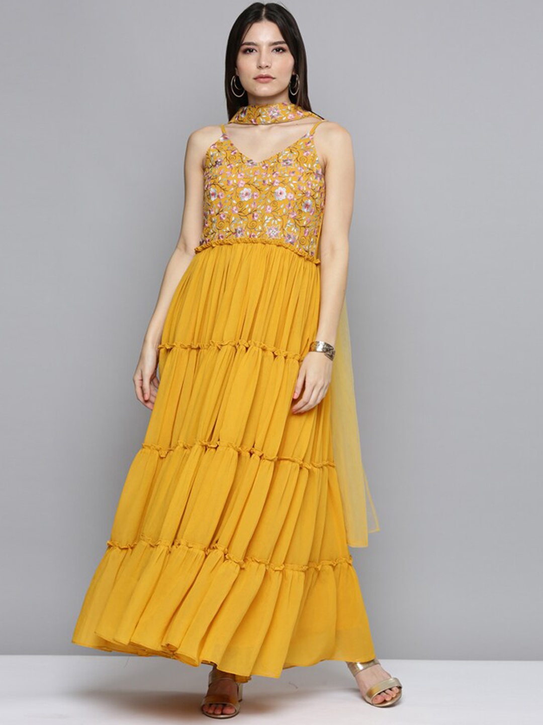 

Kvsfab Women Mustard Yellow Embroidered Floral Georgette Anarkali Kurta