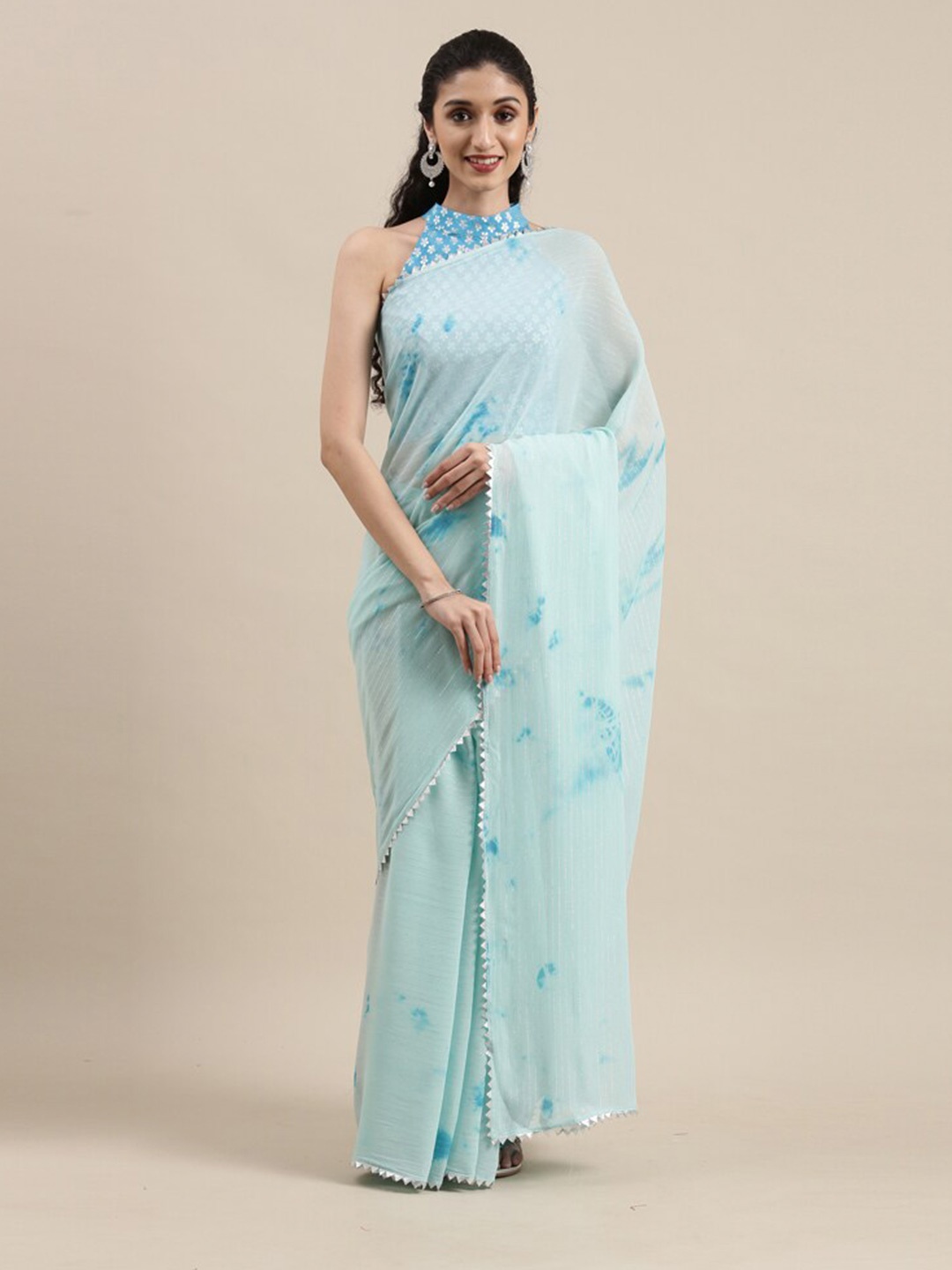 

Kvsfab Turquoise Blue Shibori Print Gotta Patti Pure Georgette Fusion Saree