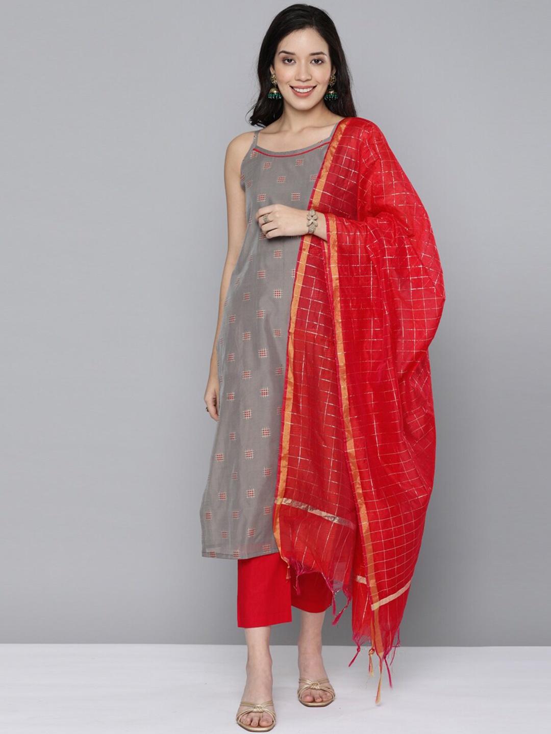 

Kvsfab Women Grey Cotton Blend Kurta with Trousers & With Dupatta