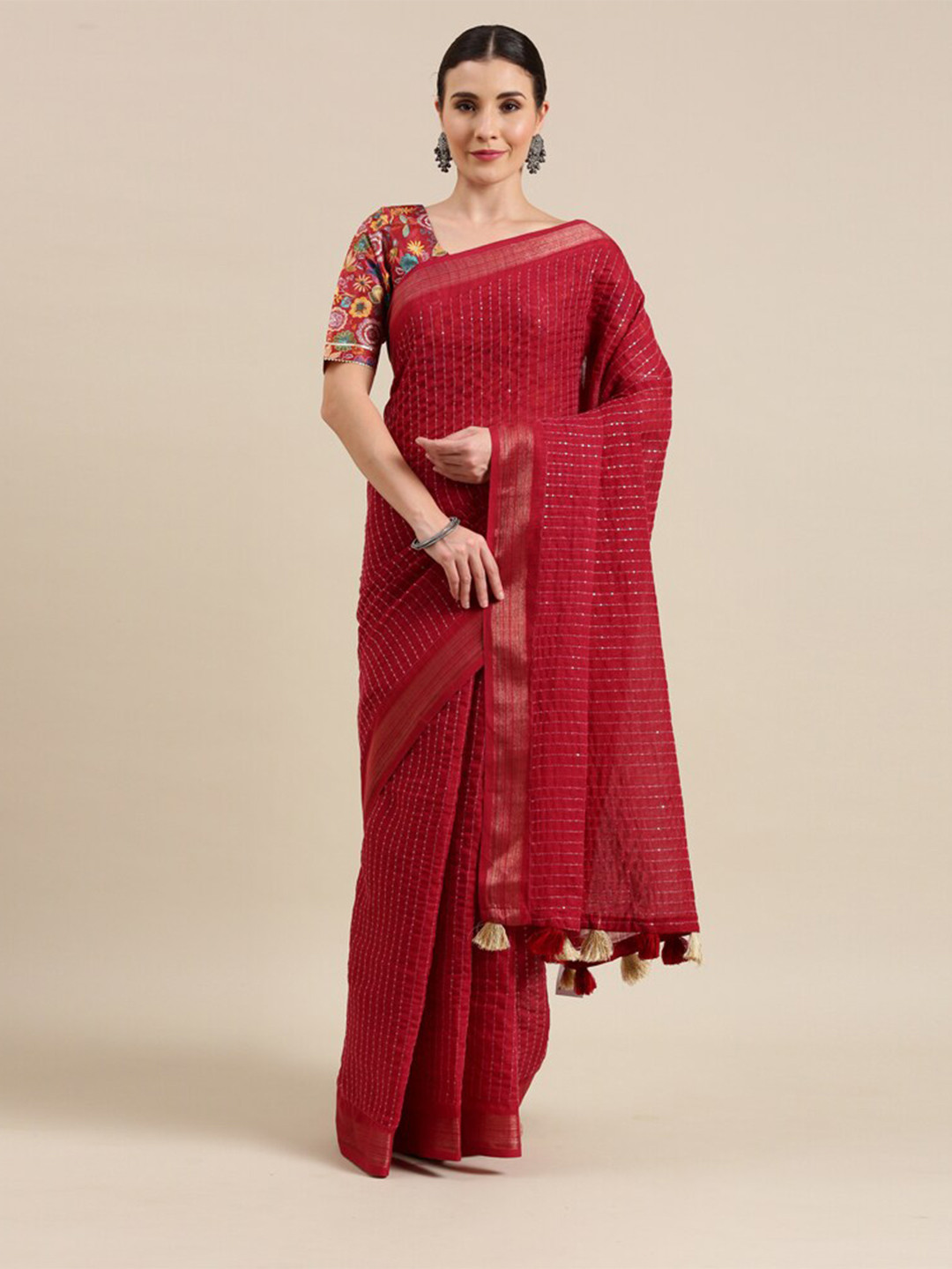 

Kvsfab Women Red Striped Sequinned Saree