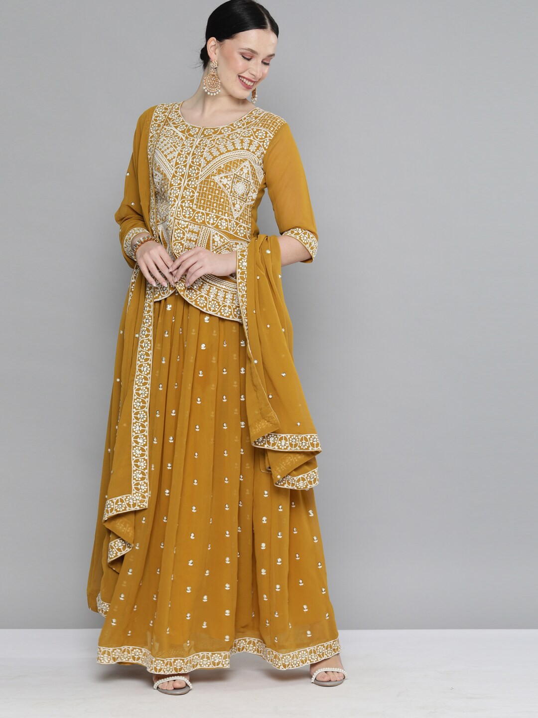 

Kvsfab Mustard & White Embroidered Sequinned Lehenga & Blouse With Dupatta
