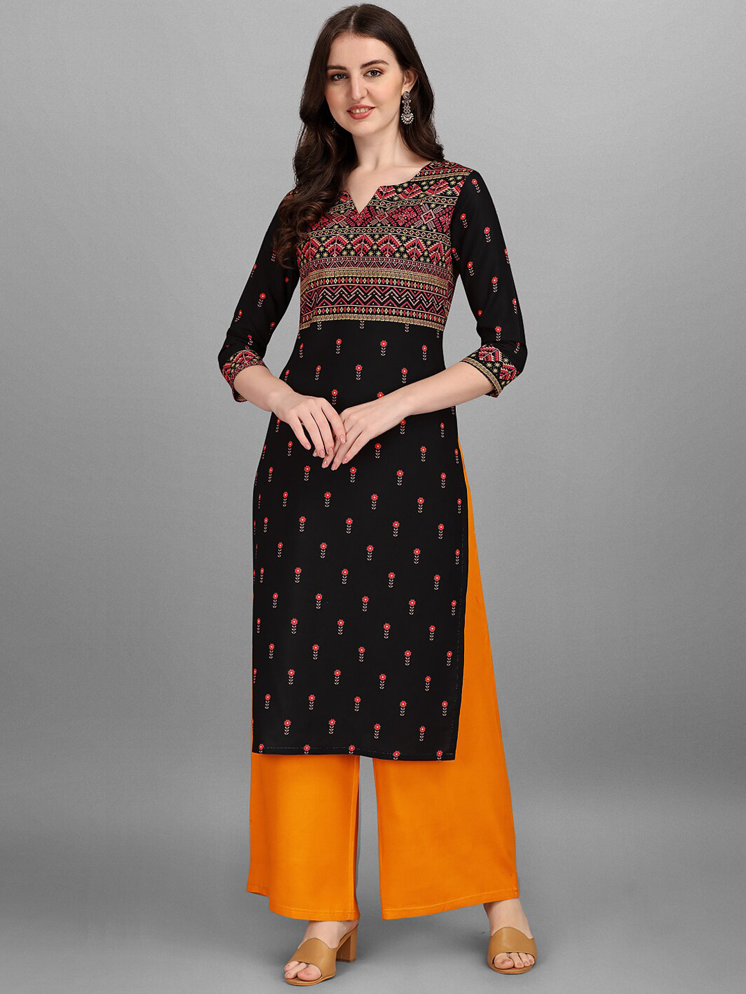 

VeBNoR Women Black & Red Ethnic Motifs Printed Cotton Kurta