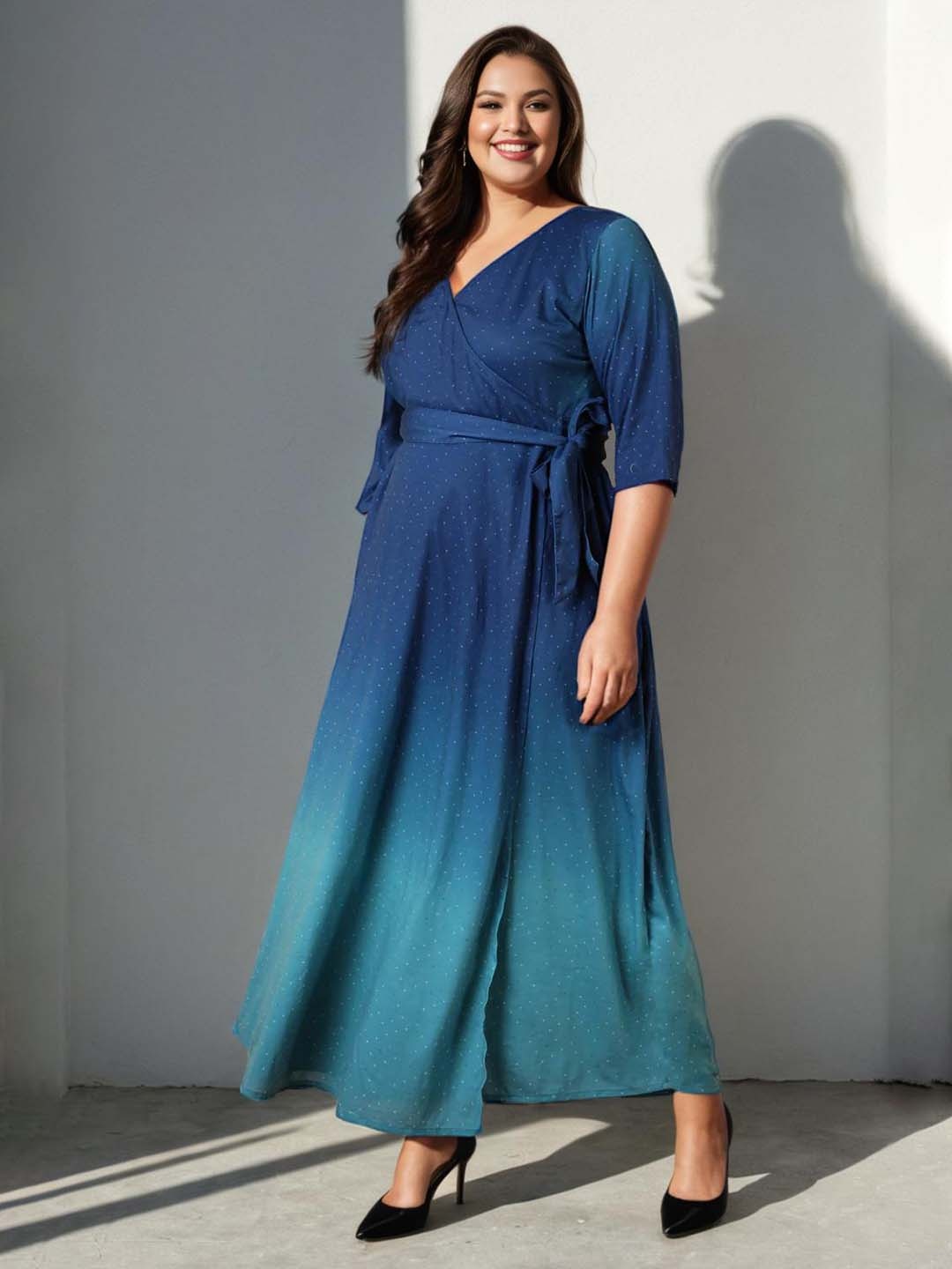 

Amydus Women Plus Size Blue & Teal Tie and Dye Maxi Wrap Dress