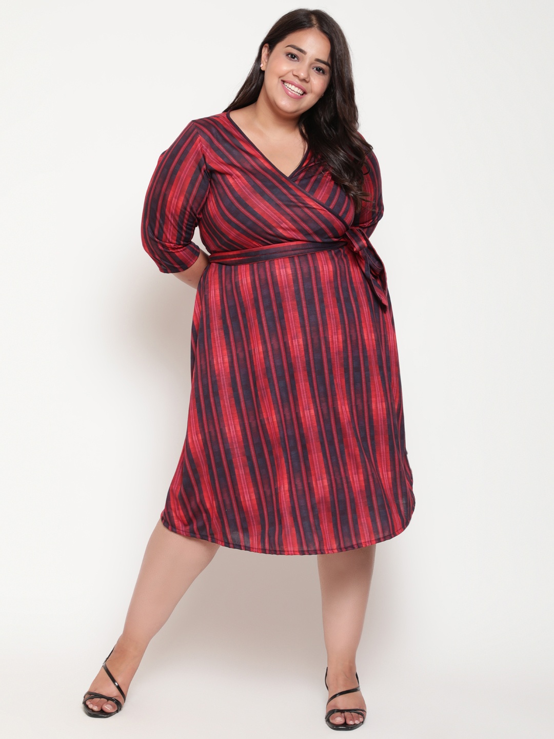 

Amydus Women Plus Size Red & Black Striped Midi Wrap Dress
