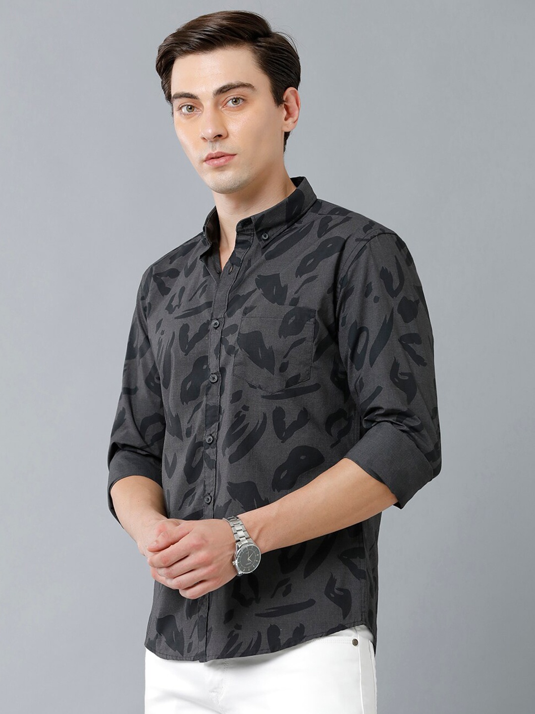 

YOVISH Men Grey Smart Slim Fit Printed Casual Shirt