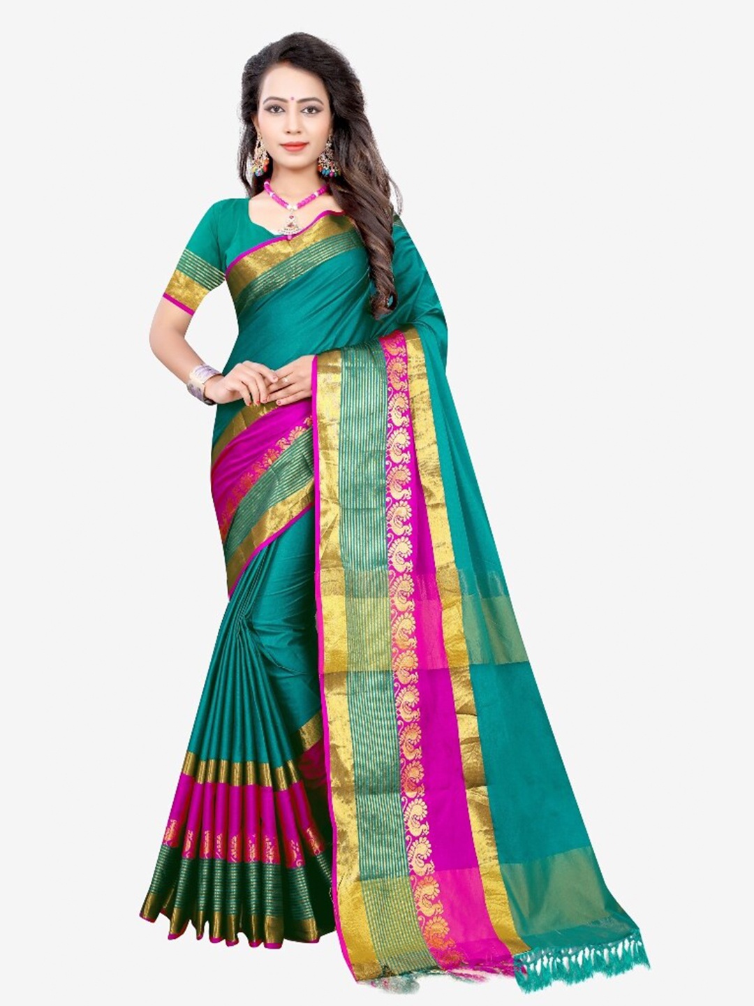 

Indian Fashionista Lime Green & Pink Zari Art Silk Banarasi Saree