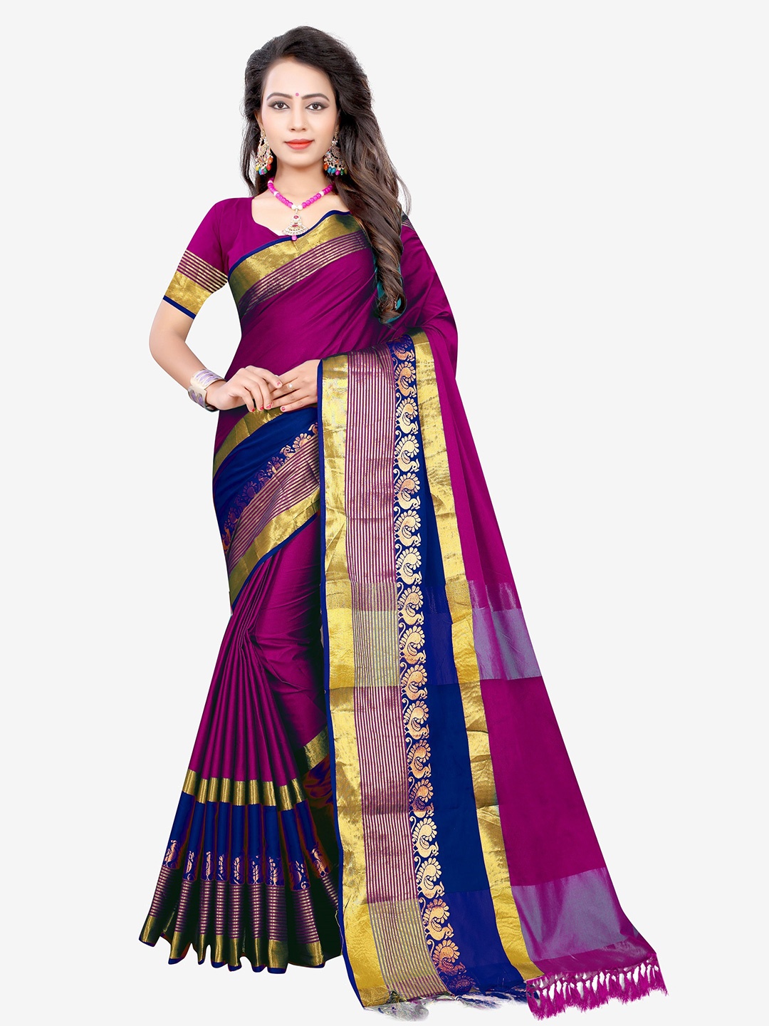 

Indian Fashionista Purple & Blue Woven Design Zari Art Silk Banarasi Saree