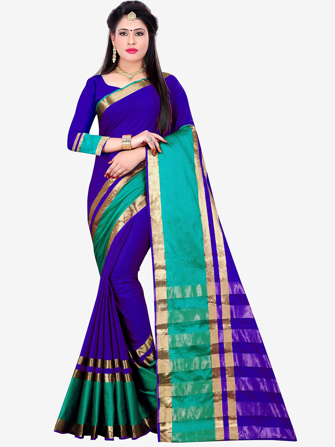 

Indian Fashionista Blue & Green Woven Design Zari Silk Cotton Fusion Mysore Silk Saree