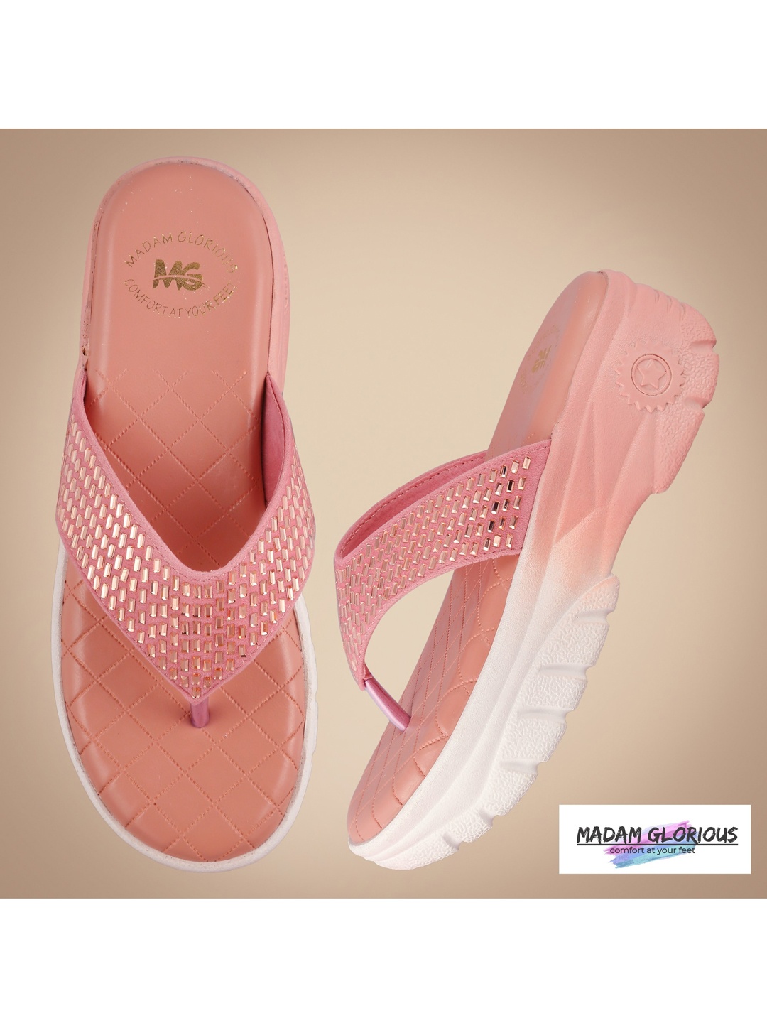 

madam glorious Peach-Coloured Embellished Flatform Sandals