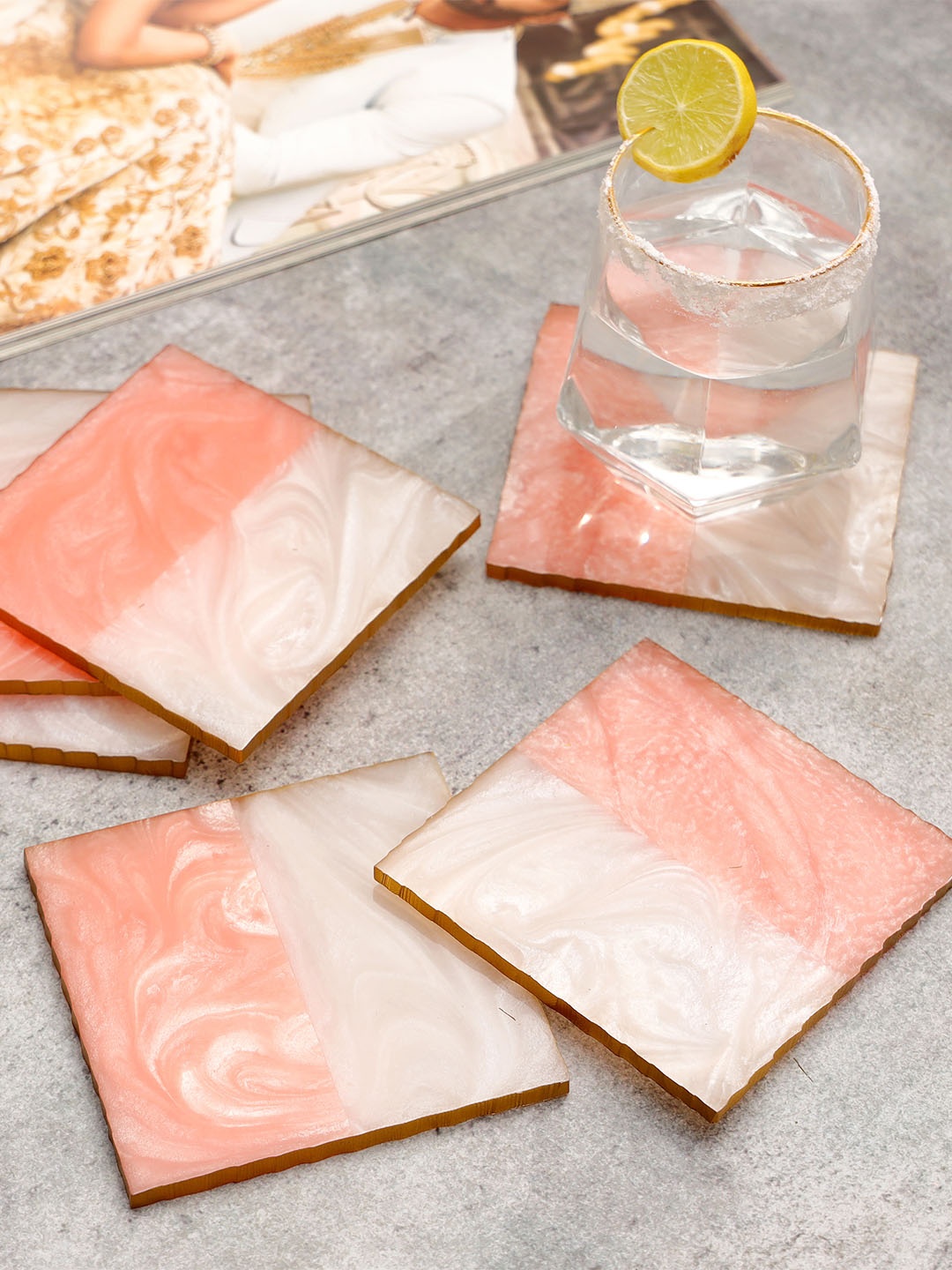 

DULI Set of 6 Pink & Cream Colored Square Resin Coasters