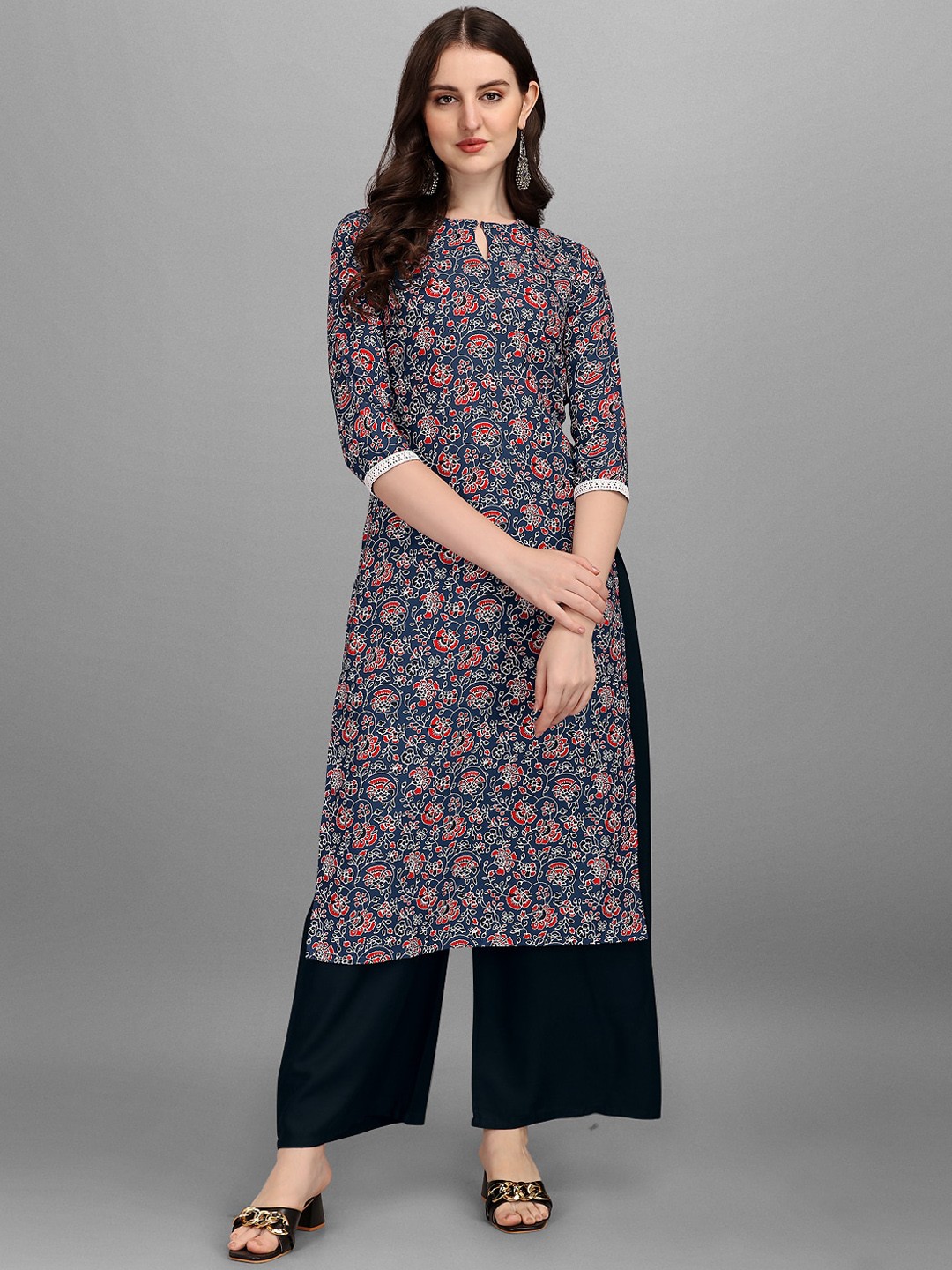 

VeBNoR Women Blue Floral Embellished Keyhole Neck Block Print Kurta