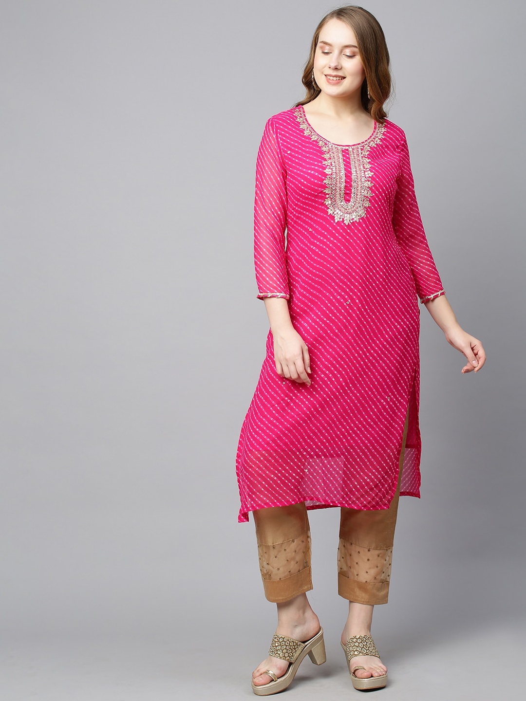 

FASHOR Women Pink Leheriya Printed Georgette Kurta