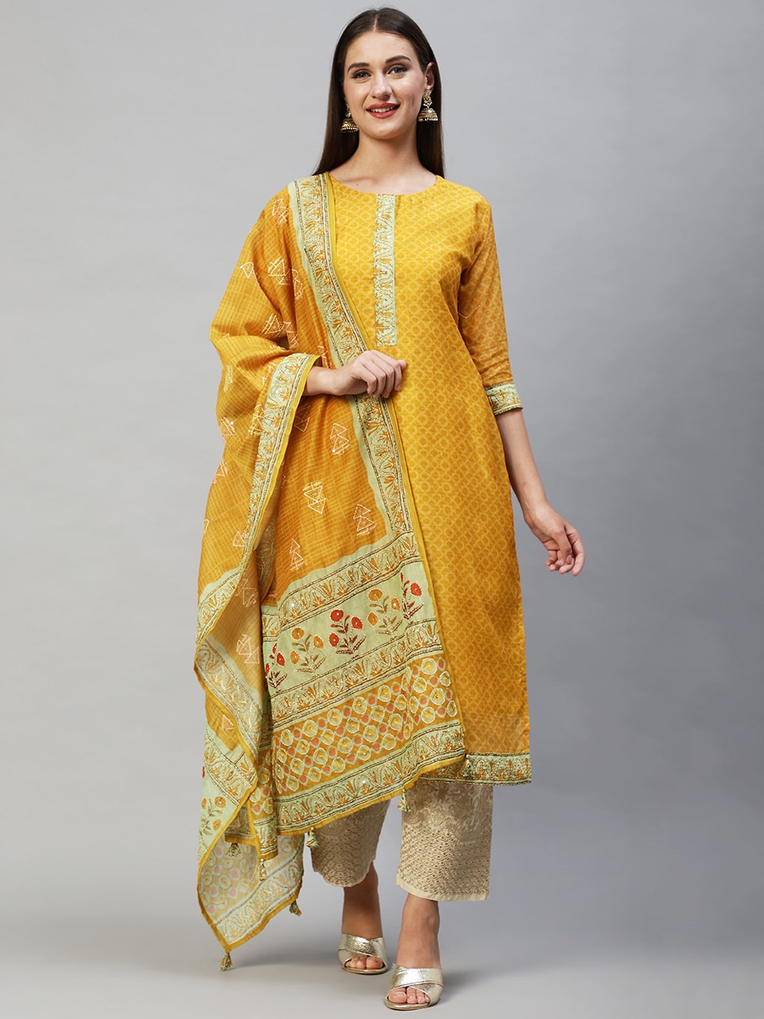 

FASHOR Women Mustard Yellow Chanderi Silk Kurta with Duppata