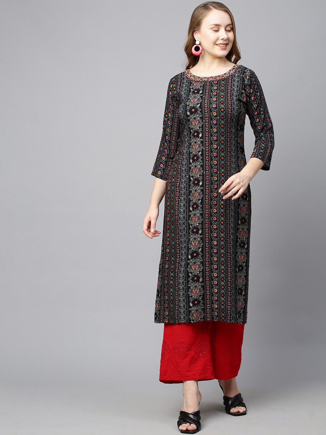 

FASHOR Women Navy Blue Ethnic Motifs Printed Flared Sleeves Thread Work Kurta