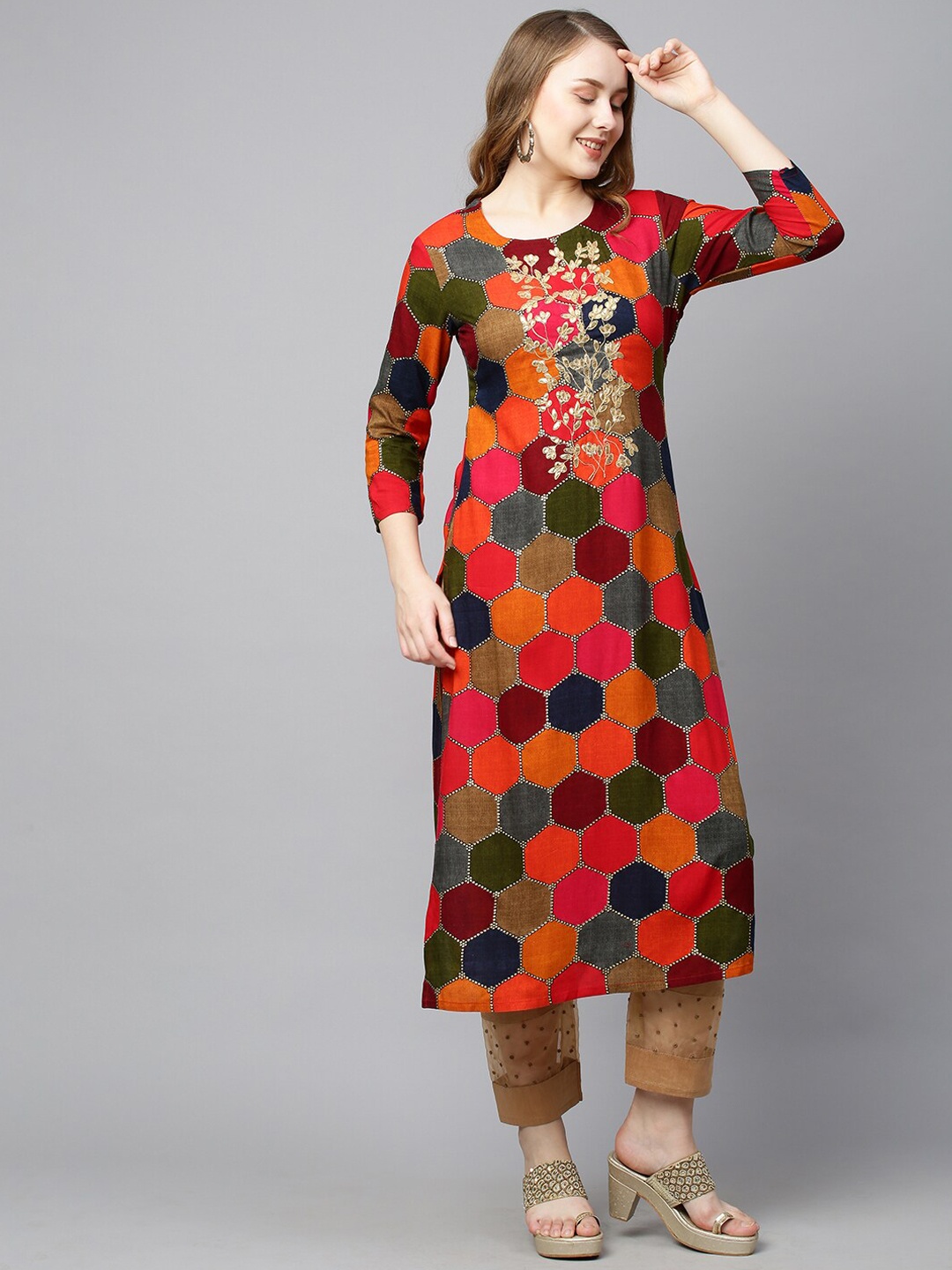 

FASHOR Women Orange Floral Printed Thread Work Kurta
