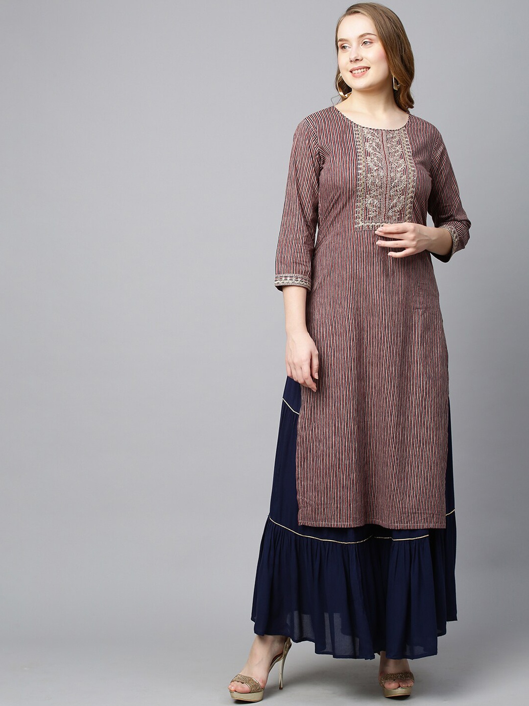 

FASHOR Women Brown Ethnic Motifs Thread Work Kurta