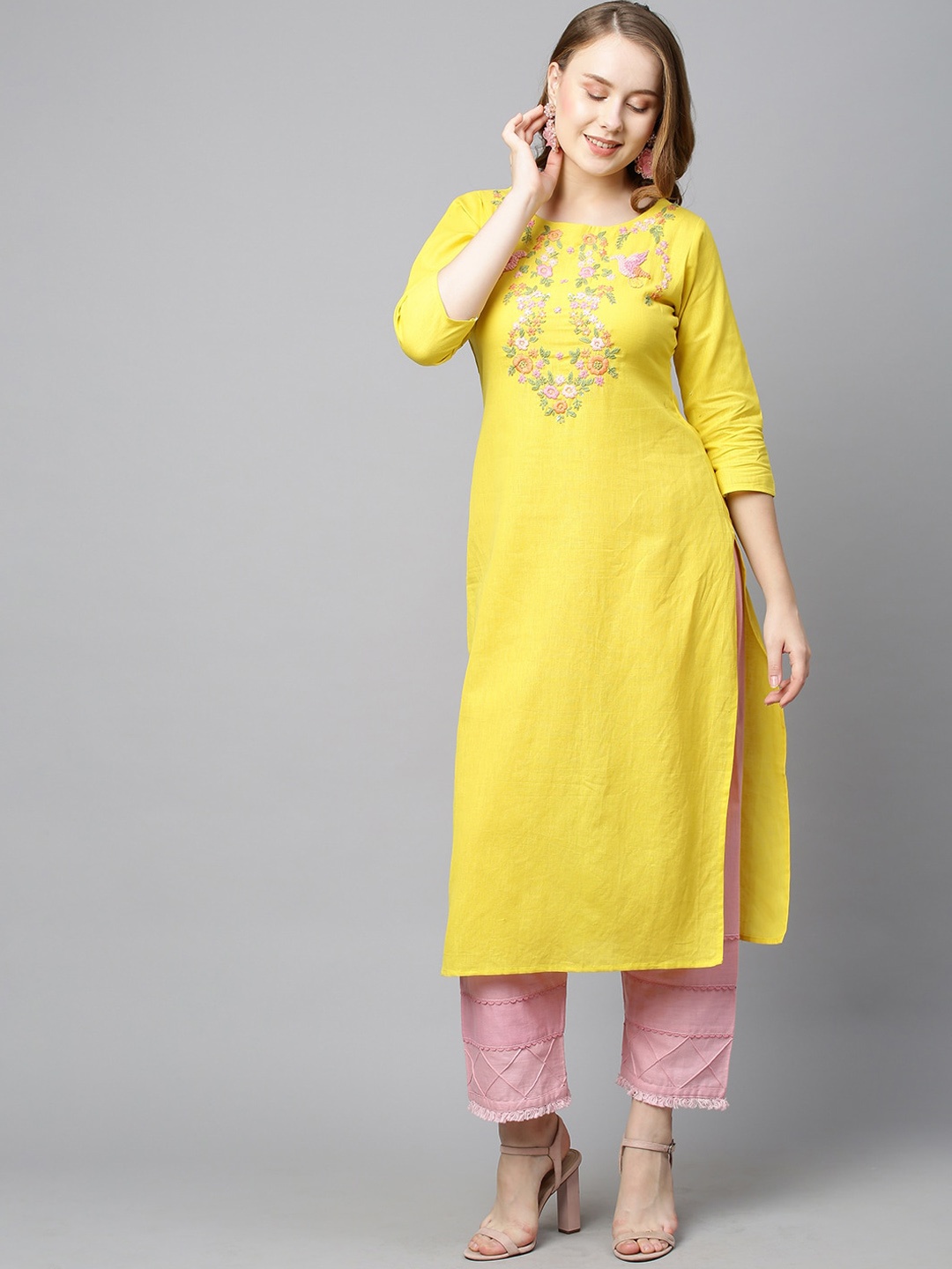

FASHOR Women Yellow Embroidered Thread Work Kurta